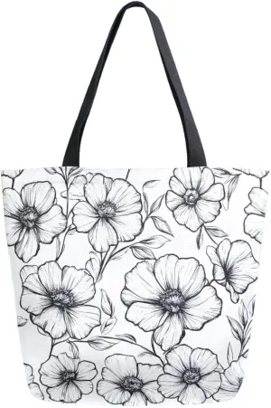 Extra Large Shoulder Tote Bag for Beach Travel Weekender Gym Black and White Line Flowers Reusable Grocery Canvas Shopping Bag