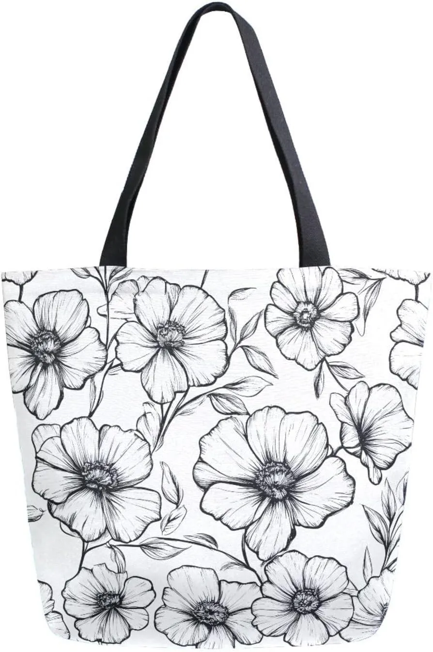 Extra Large Shoulder Tote Bag for Beach Travel Weekender Gym Black and White Line Flowers Reusable Grocery Canvas Shopping Bag