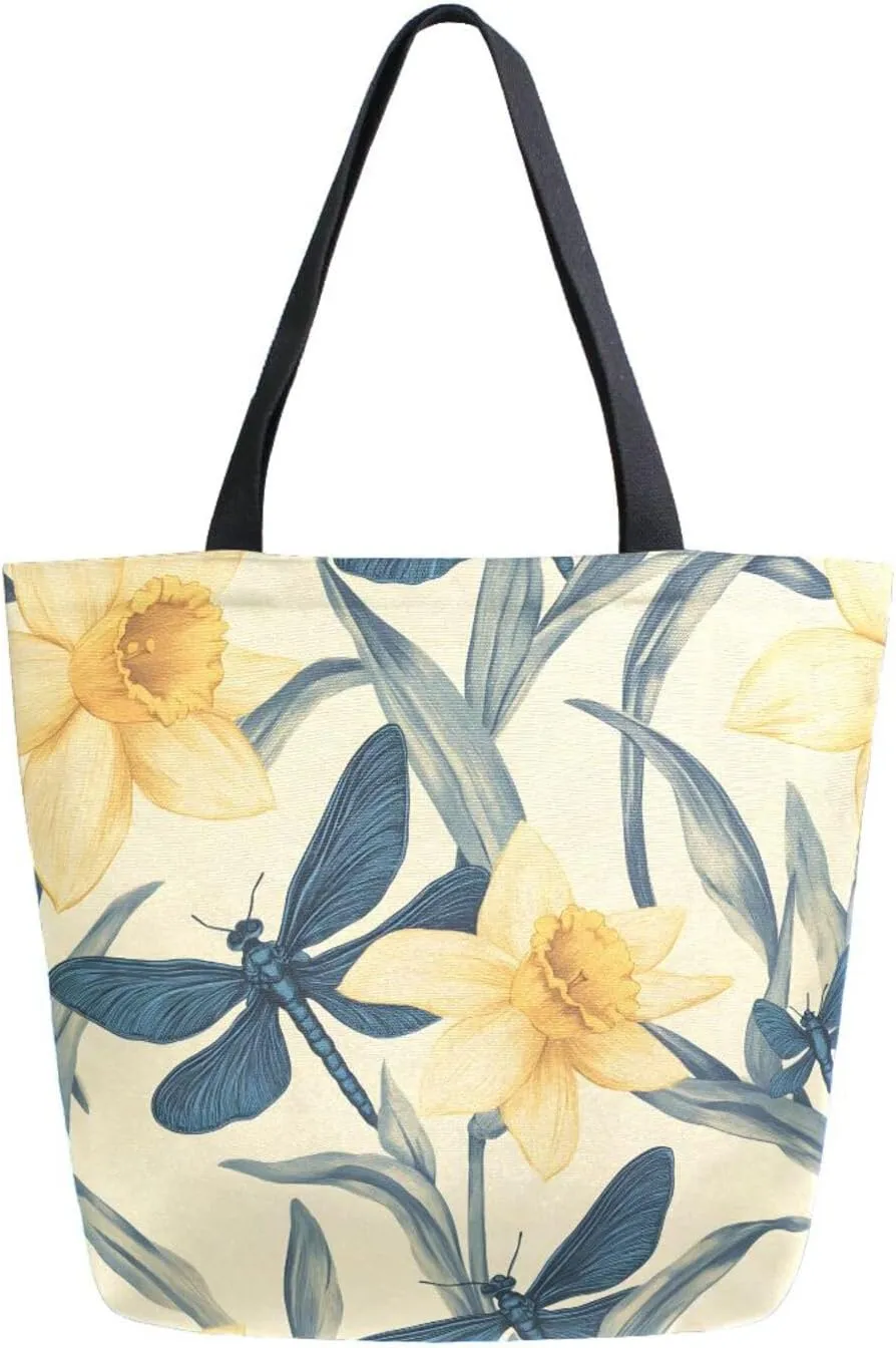 Extra Large Shoulder Tote Bag for Beach Travel Weekender Gym Narcissus Dragonfly Pattern Yellow Reusable Grocery Canvas Shopping Bag