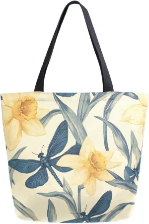 Extra Large Shoulder Tote Bag for Beach Travel Weekender Gym Narcissus Dragonfly Pattern Yellow Reusable Grocery Canvas Shopping Bag