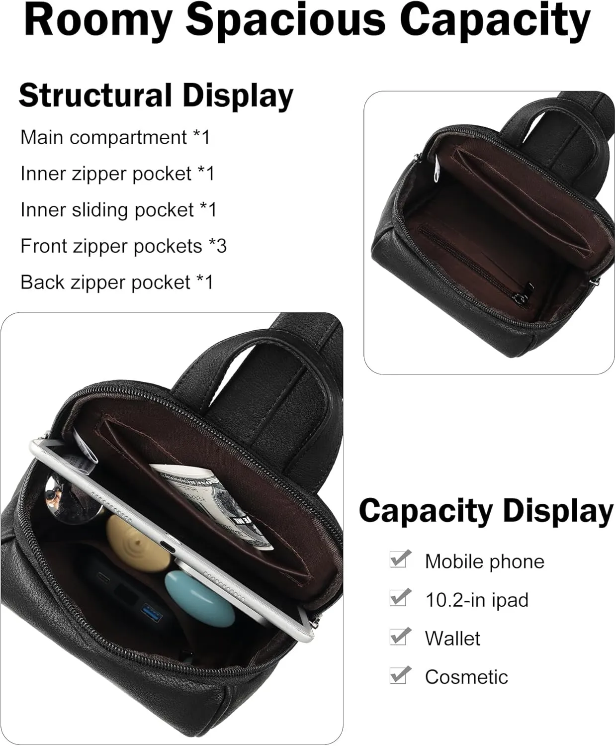 FADEON Sling Bag for Women Crossbody Purse Sling Bags, Designer Sling Purses Medium Travel Multi-Pocket Sling Backpack