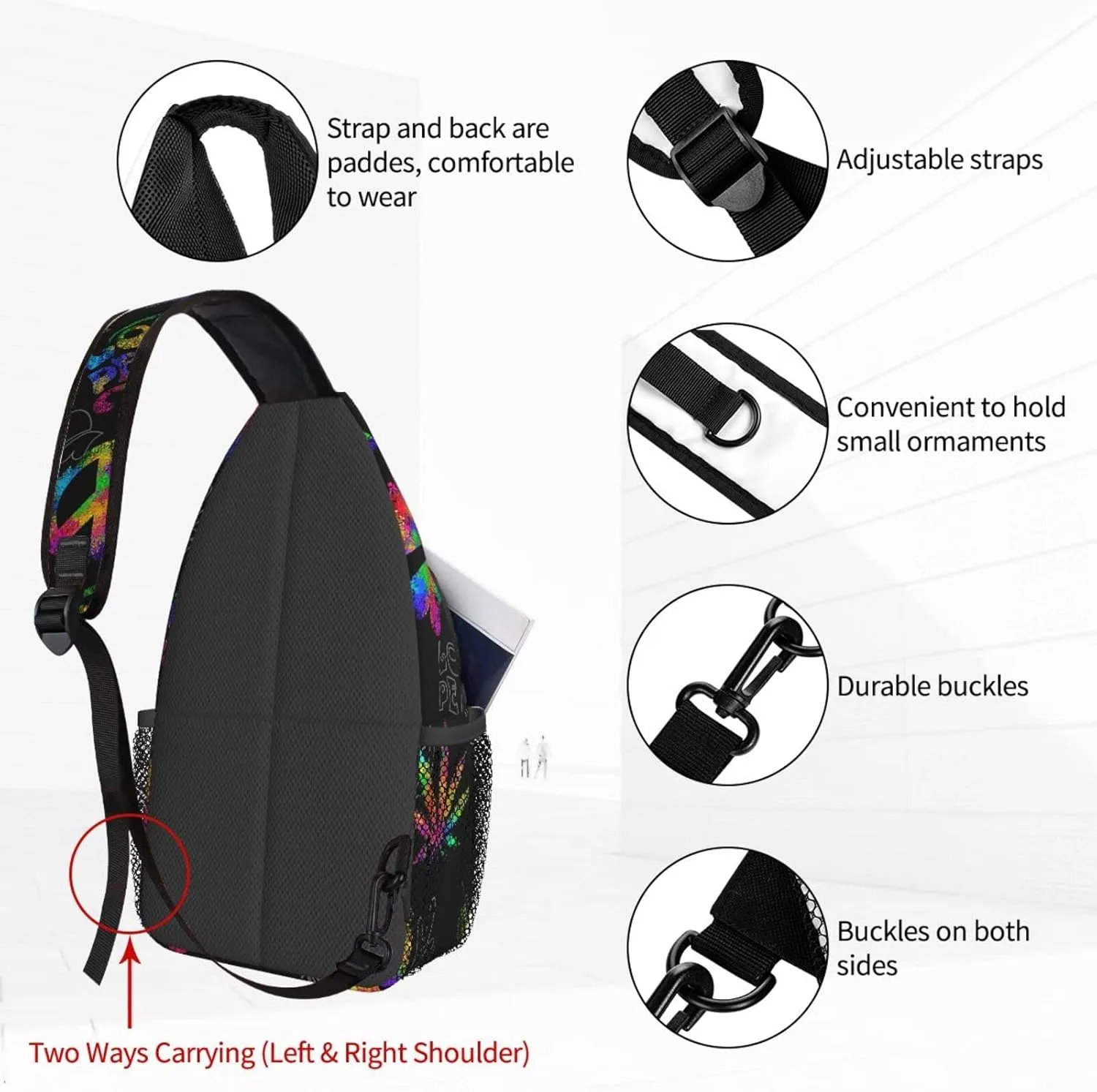 Famame Rainbow Peace Love Sign Gesture Sling Backpack Chest Bag Crossbody Shoulder Bag Gym Cycling Travel Hiking Daypack For Men Women
