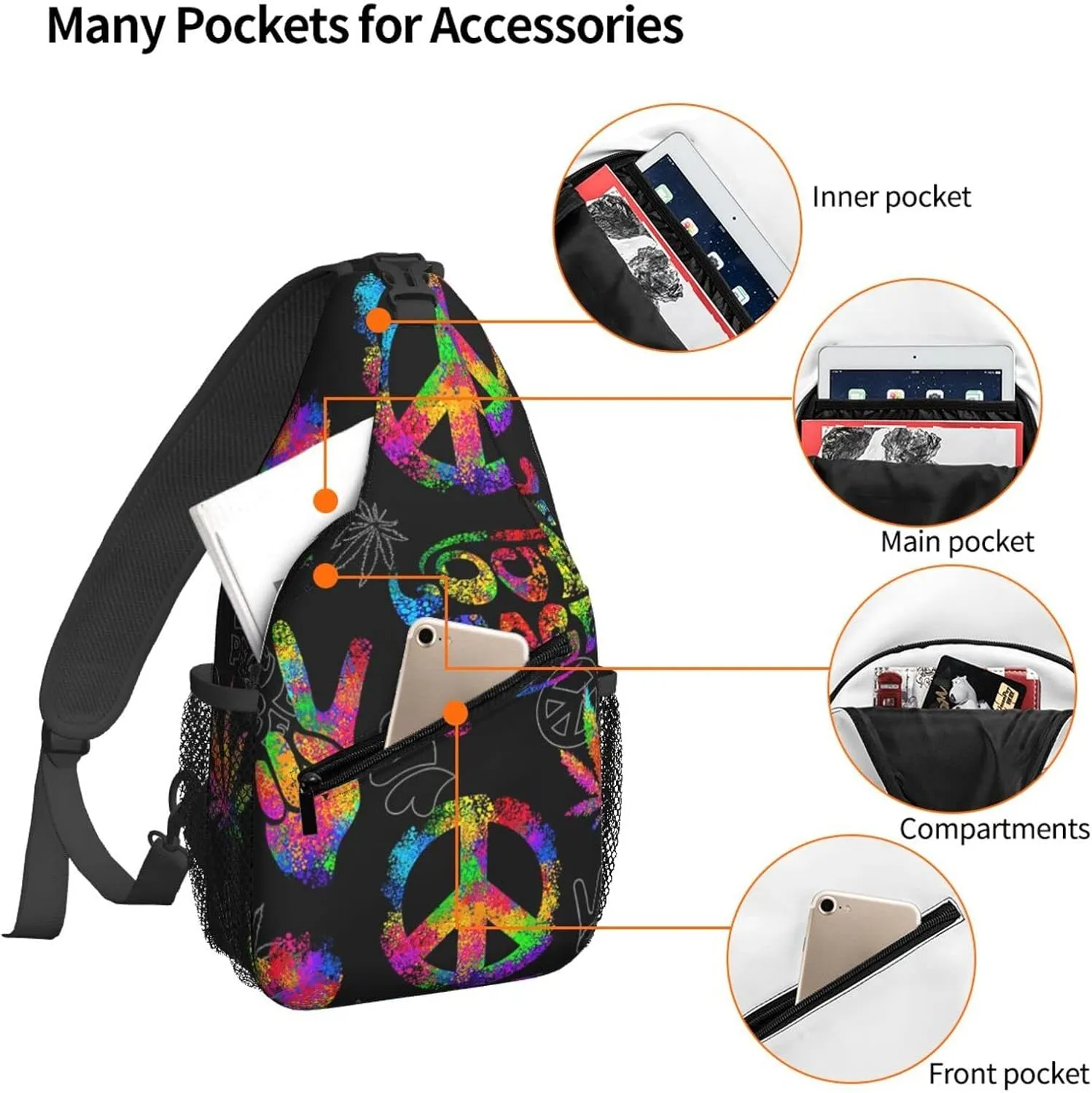 Famame Rainbow Peace Love Sign Gesture Sling Backpack Chest Bag Crossbody Shoulder Bag Gym Cycling Travel Hiking Daypack For Men Women