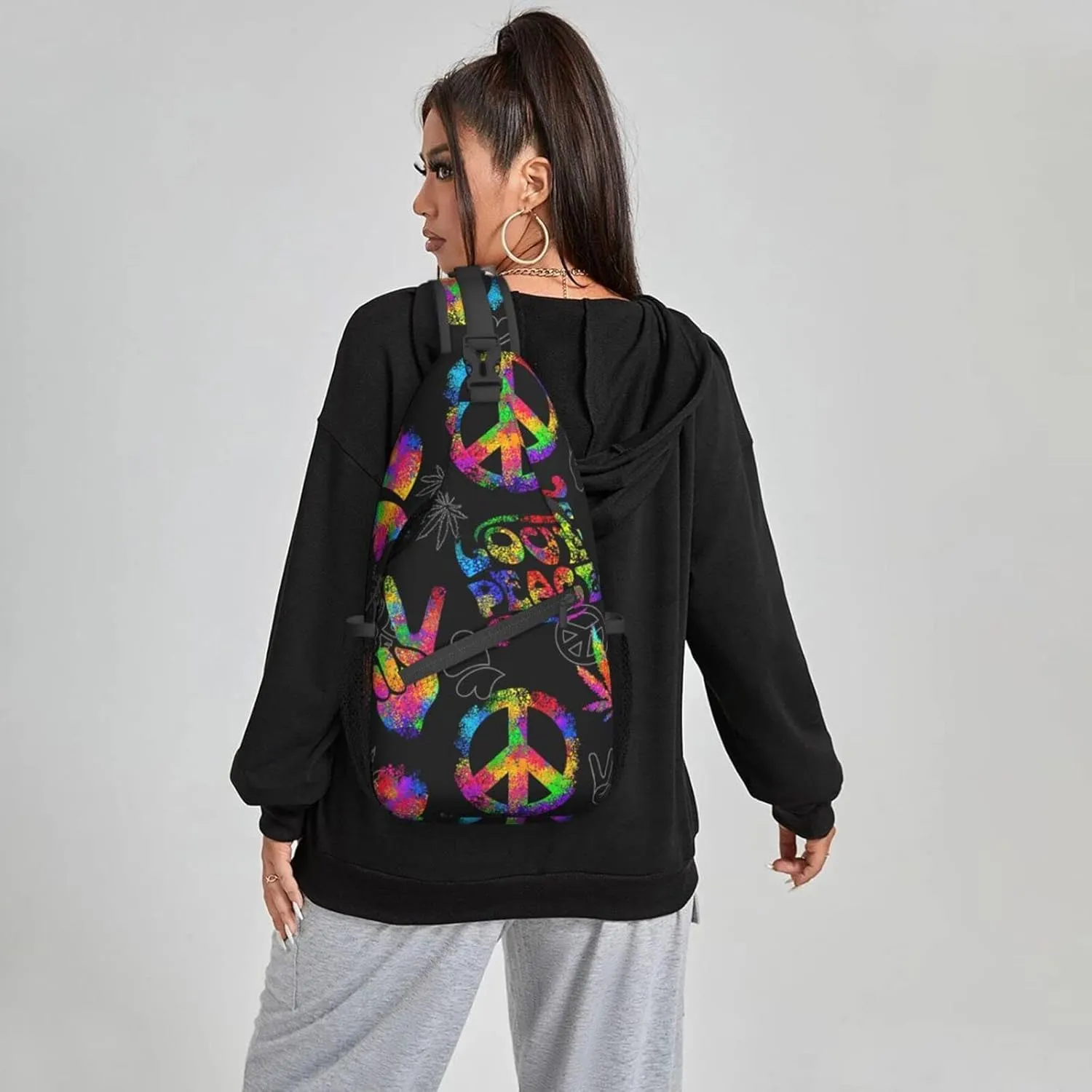 Famame Rainbow Peace Love Sign Gesture Sling Backpack Chest Bag Crossbody Shoulder Bag Gym Cycling Travel Hiking Daypack For Men Women