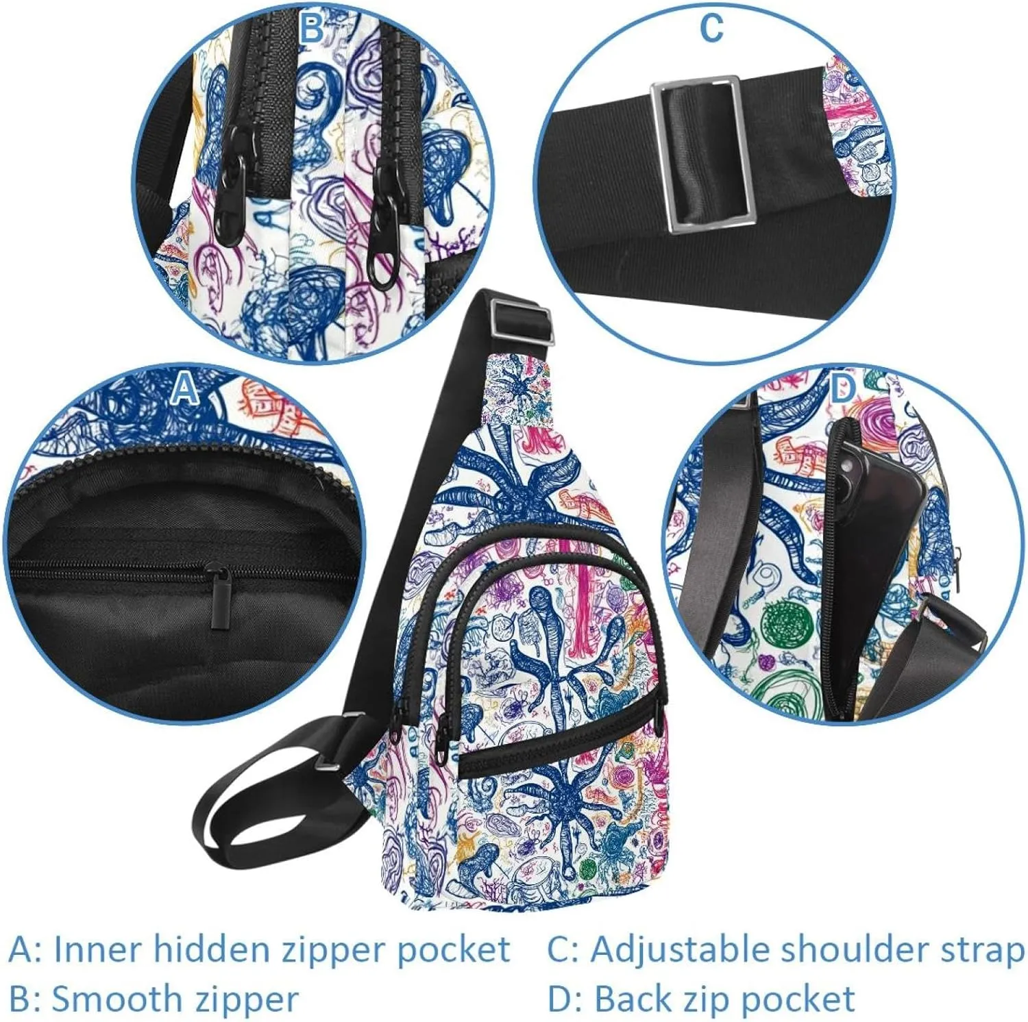 Fanny Pack Cross Body Bag for Outdoors Hiking Traveling, doodle design of biology science (1)