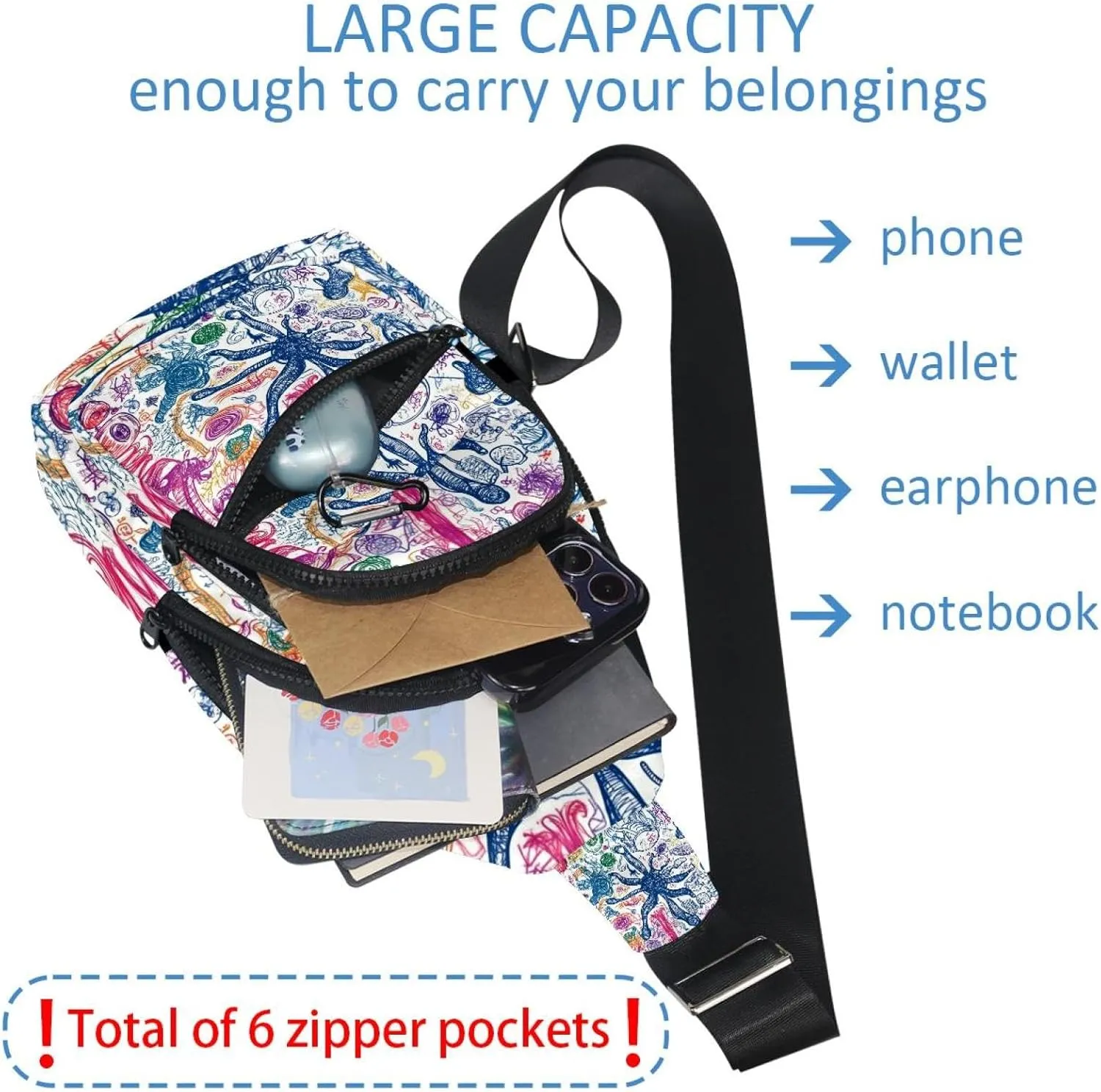 Fanny Pack Cross Body Bag for Outdoors Hiking Traveling, doodle design of biology science (1)