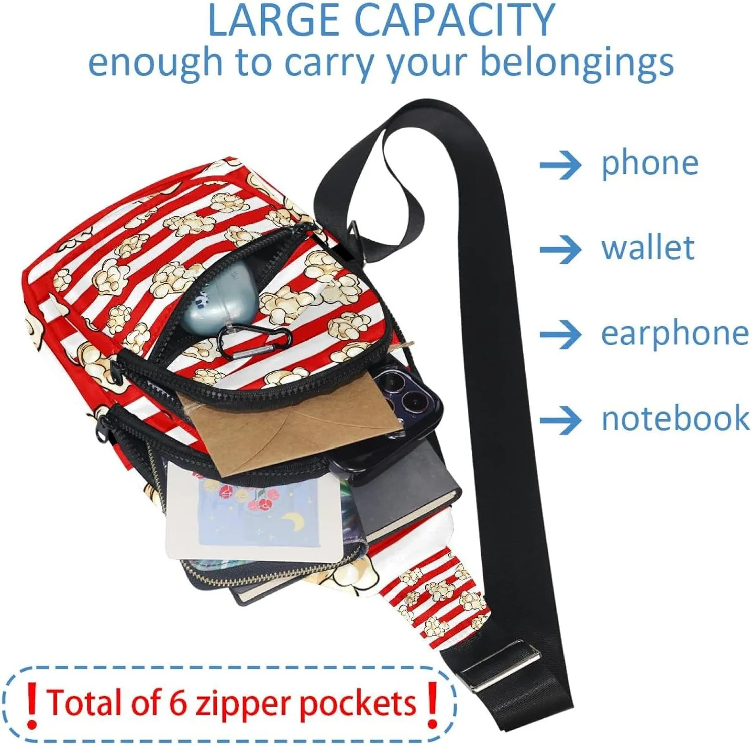 Fanny Pack Cross Body Bag for Outdoors Hiking Traveling, Popcorn