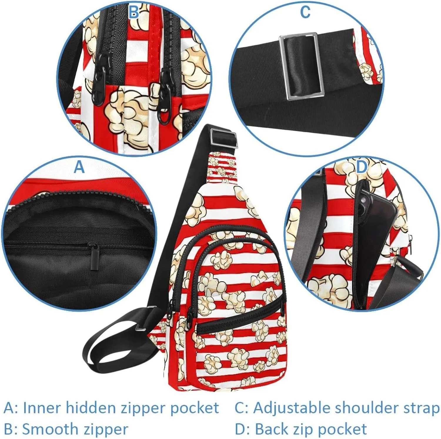 Fanny Pack Cross Body Bag for Outdoors Hiking Traveling, Popcorn
