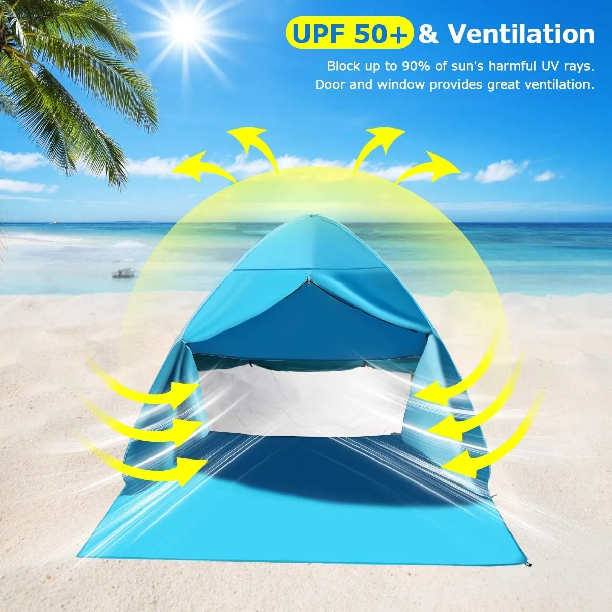 FBSPORT Beach Tent, UPF 50  Easy Pop Up Beach Shade Beach Tent, Sun Shelter Instant Portable Beach Tent Umbrella Baby Canopy Cabana with Carry Bag, Blue