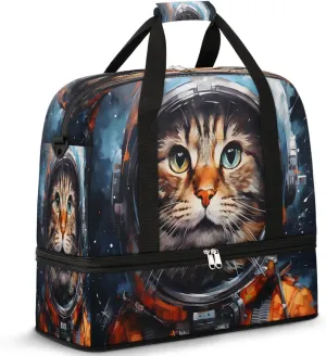 Feline Astronaut Travel Duffel Bag, Travel Essentials, Gym Bag for Women, Weekender Overnight Bag With Shoes Compartment, Carry On Bags for Airplanes