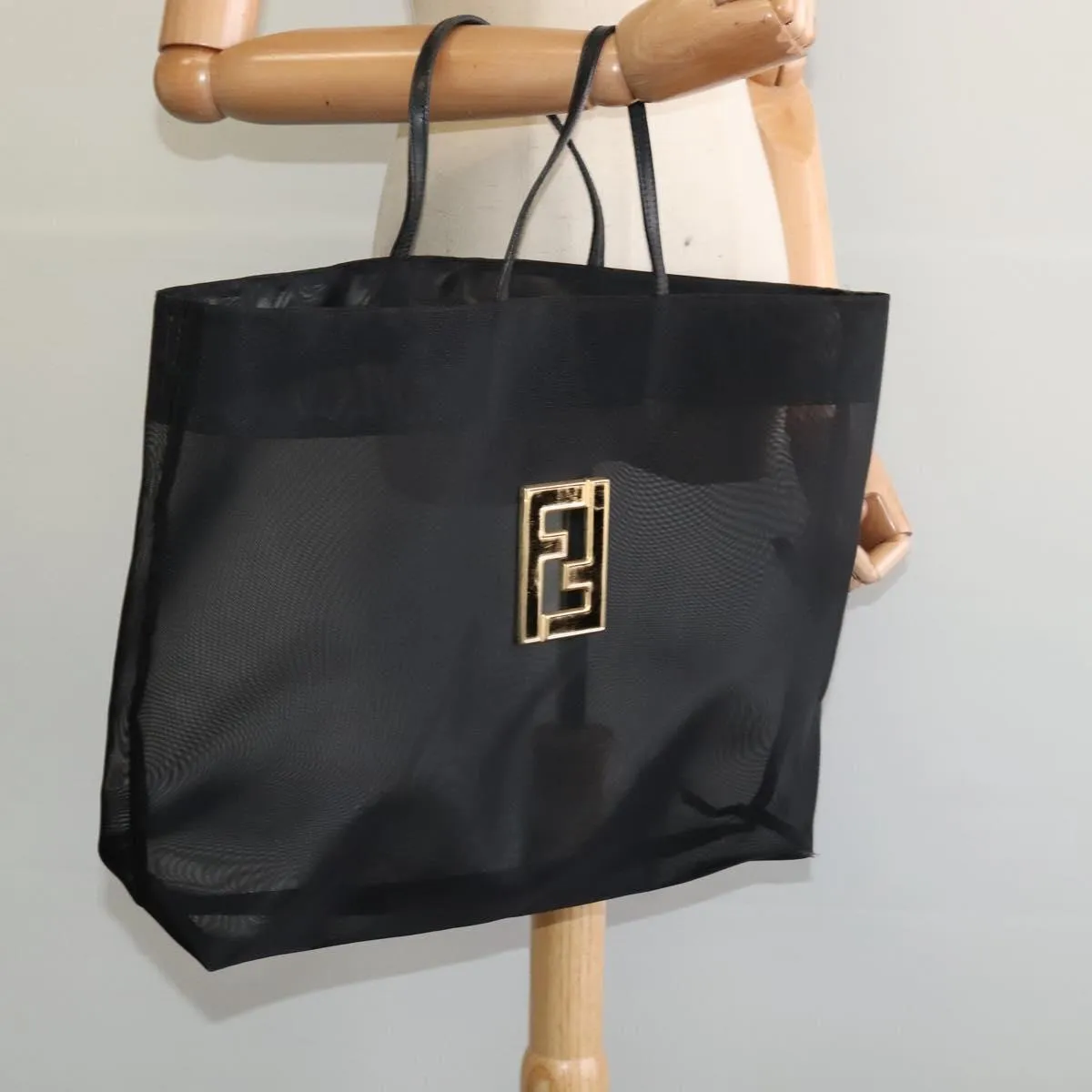 FENDI Mesh Tote Bag Nylon Black Gold Auth ep7781