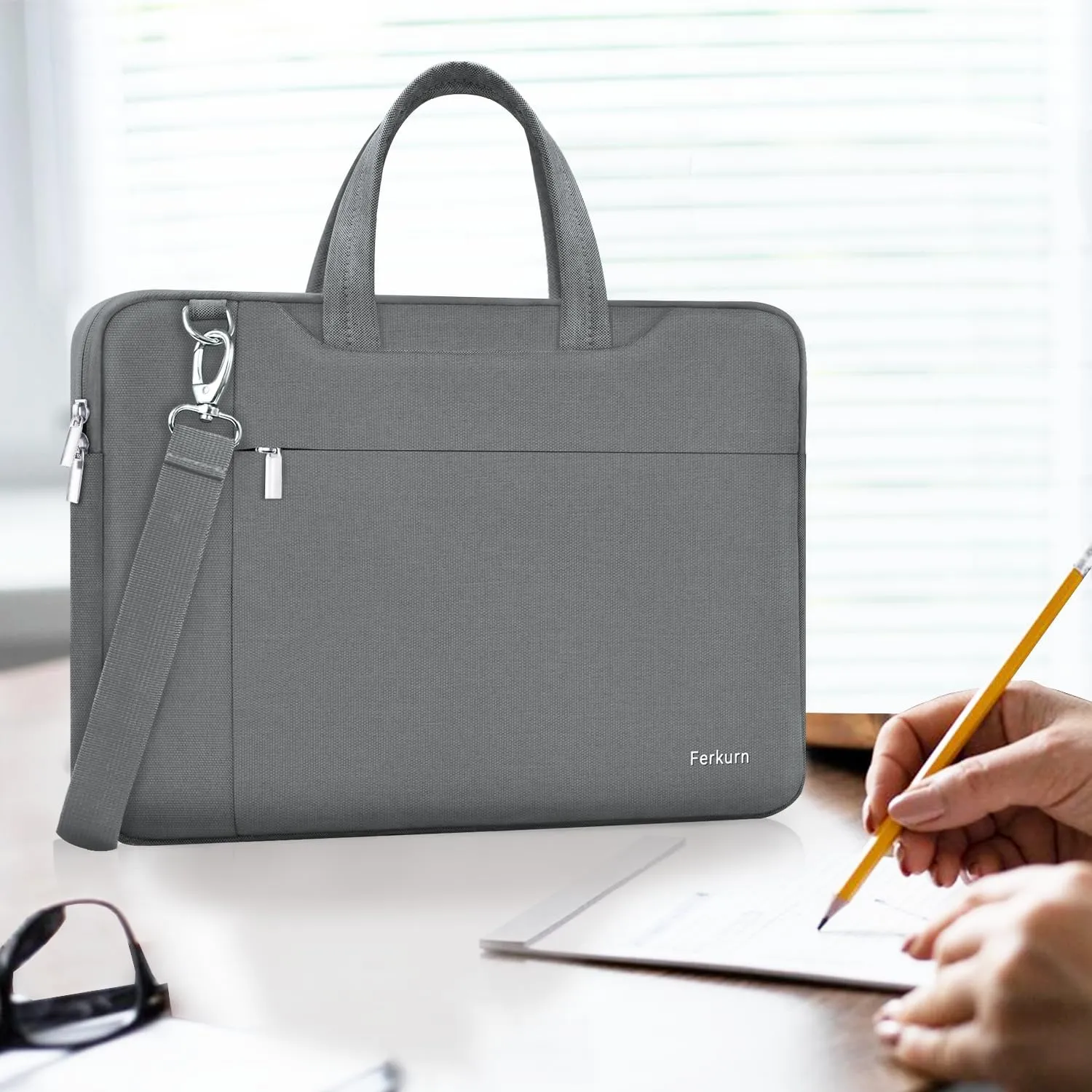 Ferkurn Laptop Bag Case Women Men Computer Sleeve with Shoulder Compatible with HP Envy Pavilion/Inspiron/Thinkpad/Vivobook/MSI/Surface,Waterproof Briefcase with Handle, Grey, 17 17.3 Inch