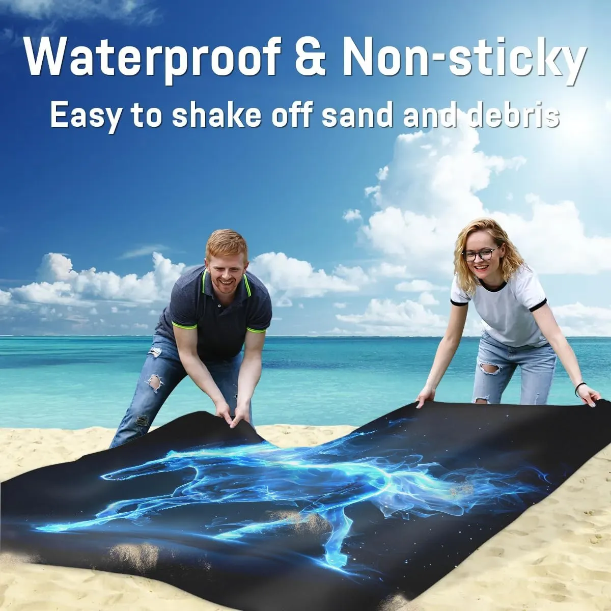 Fiery Horse Beach Blanket, Sandproof Beach Mat, 68 x 59 Waterproof Quick Drying Sand Free Mat with 4 x Ground Spikes for Outdoor Travel Camping Hiking, Funny Horse