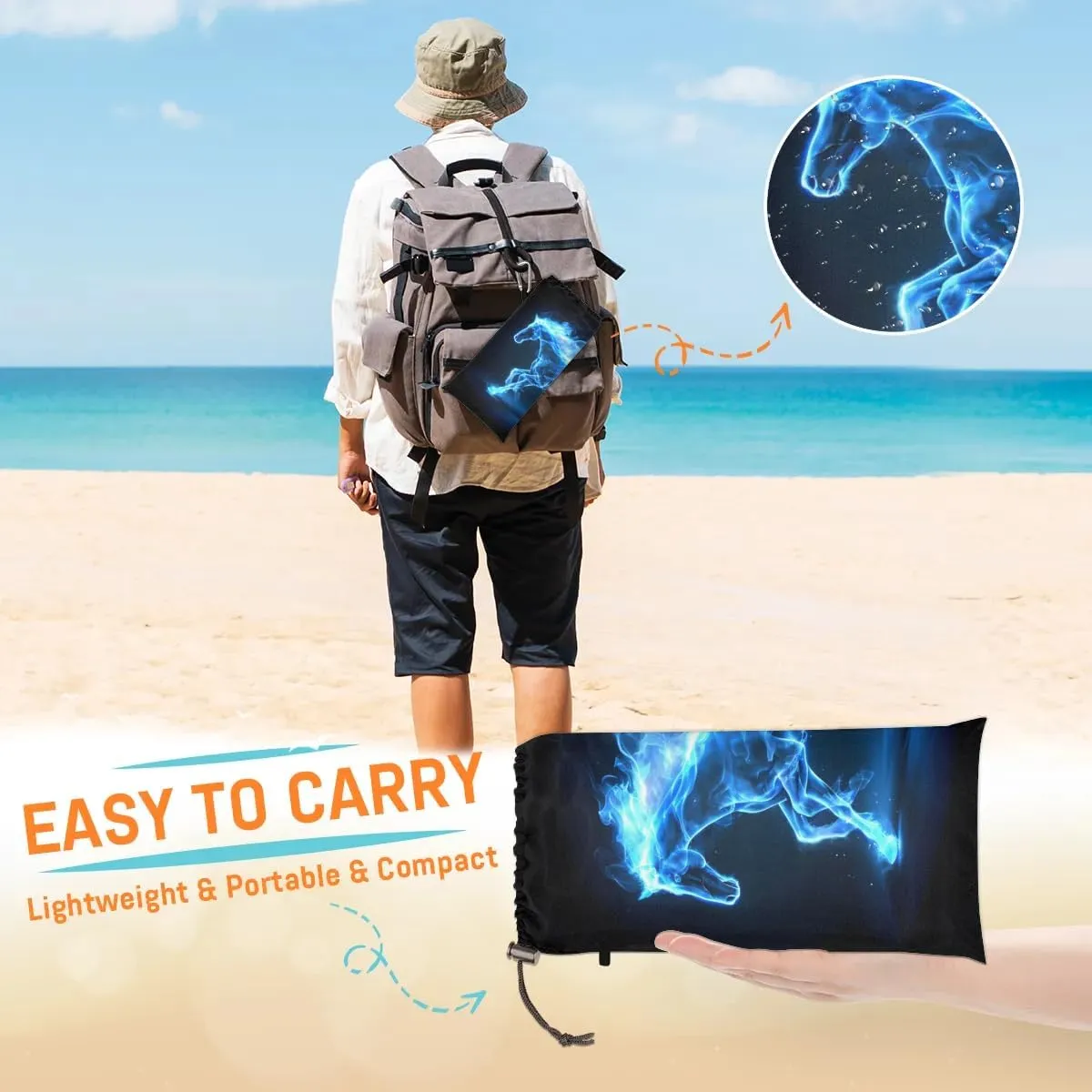 Fiery Horse Beach Blanket, Sandproof Beach Mat, 68 x 59 Waterproof Quick Drying Sand Free Mat with 4 x Ground Spikes for Outdoor Travel Camping Hiking, Funny Horse