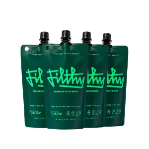 Filthy Olive Brine, Premium Cocktail Mixer, Filtered Olive Brine for Dirty Martinis, Olive Juice for Cocktails, Made from Naturally Cured Olives, Non-GMO, Gluten Free, 8 Oz Pouch, 4 Pack