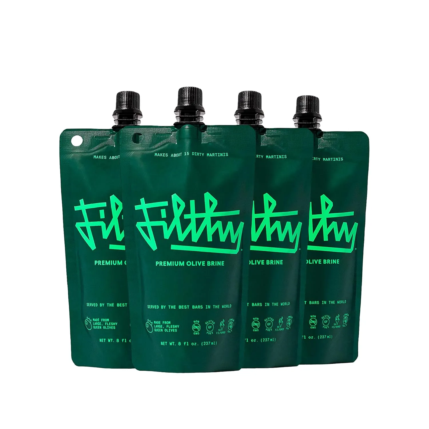 Filthy Olive Brine, Premium Cocktail Mixer, Filtered Olive Brine for Dirty Martinis, Olive Juice for Cocktails, Made from Naturally Cured Olives, Non-GMO, Gluten Free, 8 Oz Pouch, 4 Pack