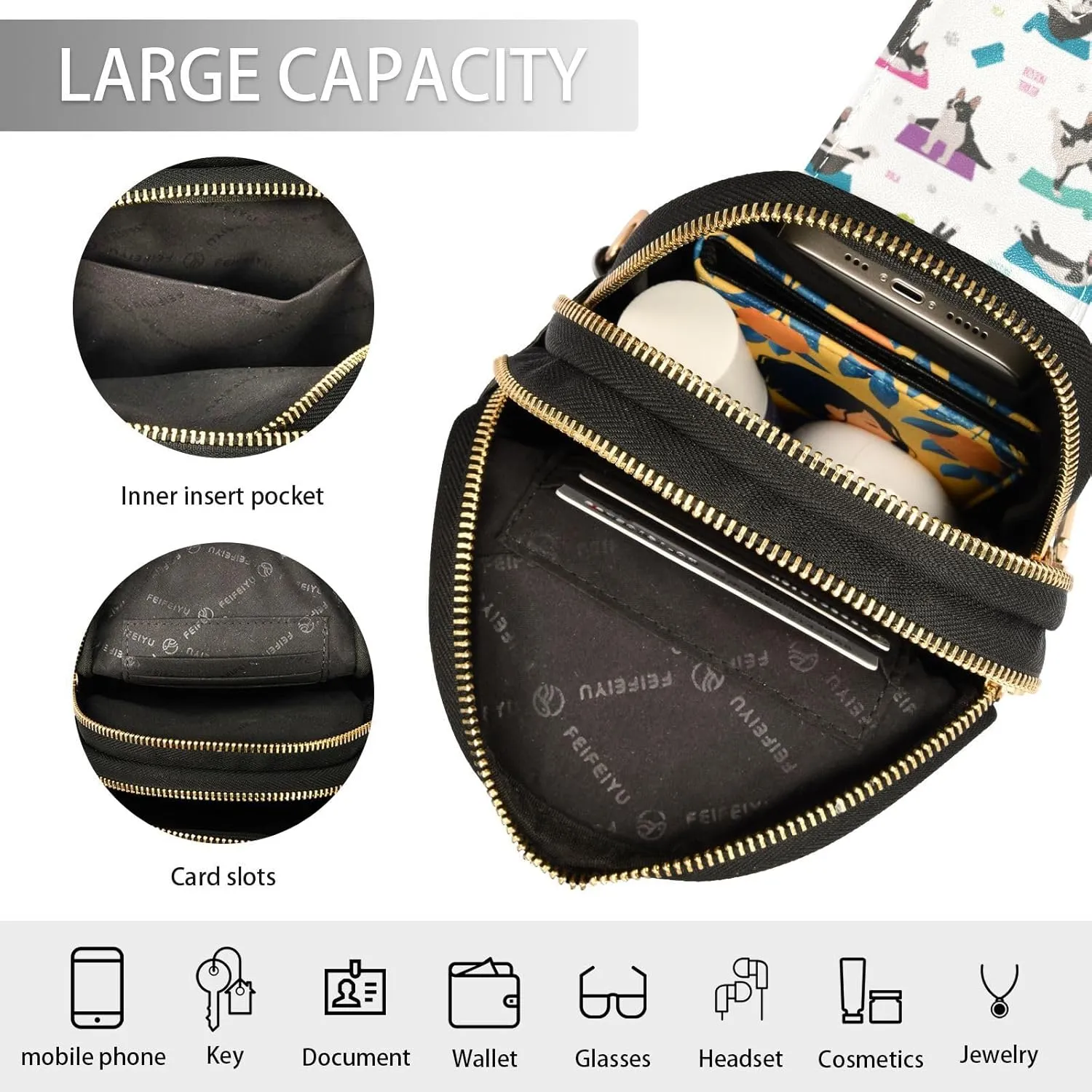 Fisyme Yoga Dogs Boston Terrier Small Sling Bag for Women Fashion Waist Packs Leather Crossbody Fanny Packs Purse for Travel
