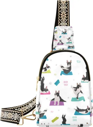 Fisyme Yoga Dogs Boston Terrier Small Sling Bag for Women Fashion Waist Packs Leather Crossbody Fanny Packs Purse for Travel