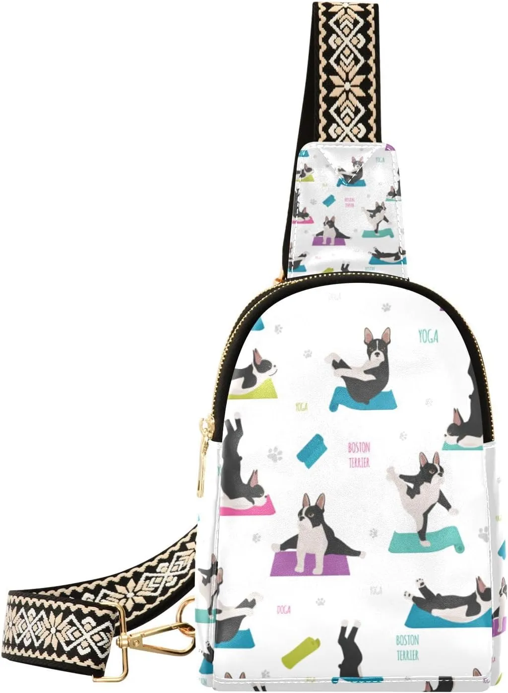 Fisyme Yoga Dogs Boston Terrier Small Sling Bag for Women Fashion Waist Packs Leather Crossbody Fanny Packs Purse for Travel