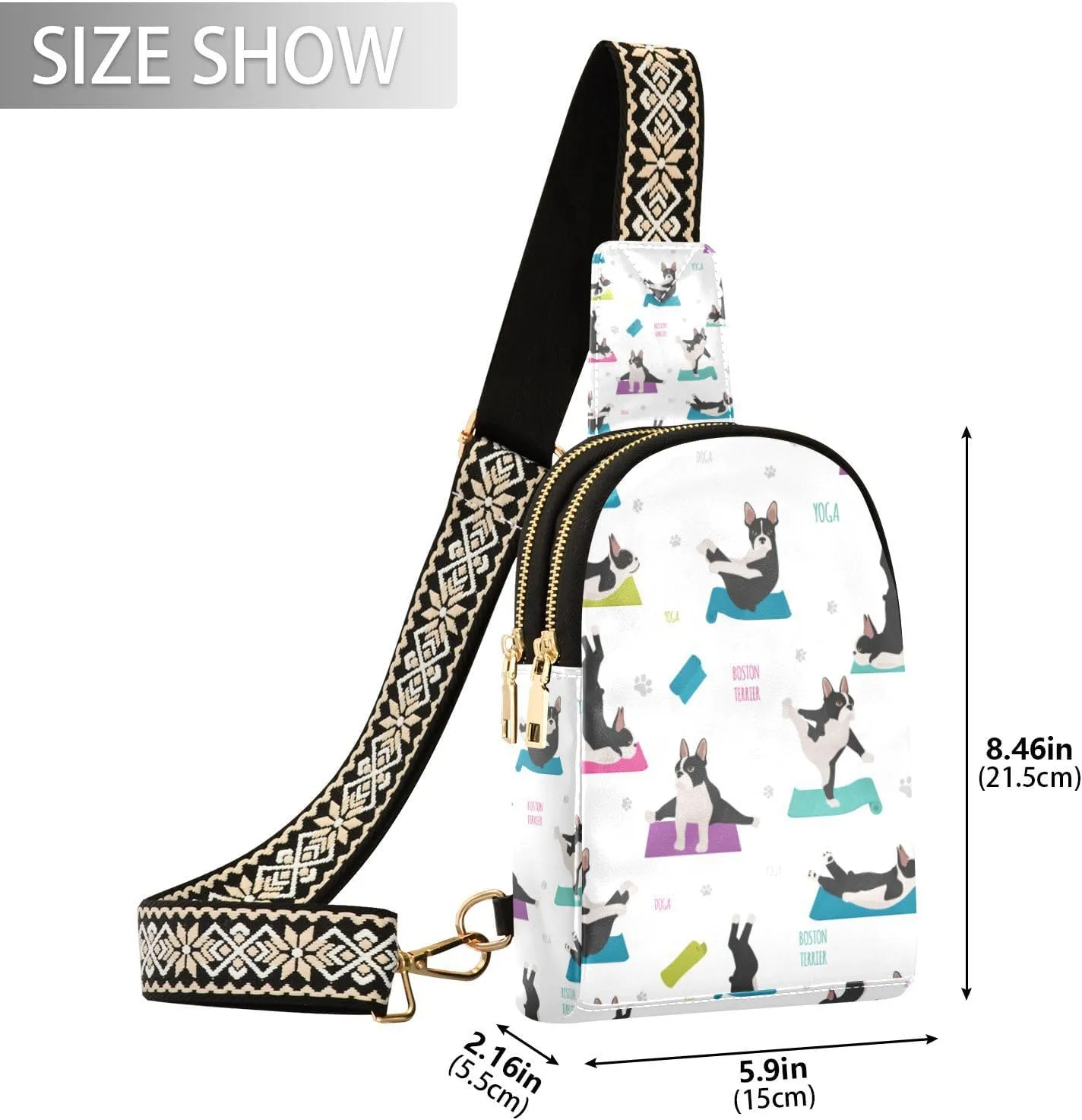 Fisyme Yoga Dogs Boston Terrier Small Sling Bag for Women Fashion Waist Packs Leather Crossbody Fanny Packs Purse for Travel