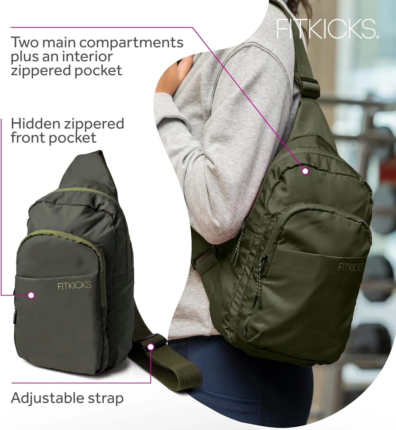 FITKICKS Hideaway Packable Sling Bag, Cross-body Bag for Men and Women, Green