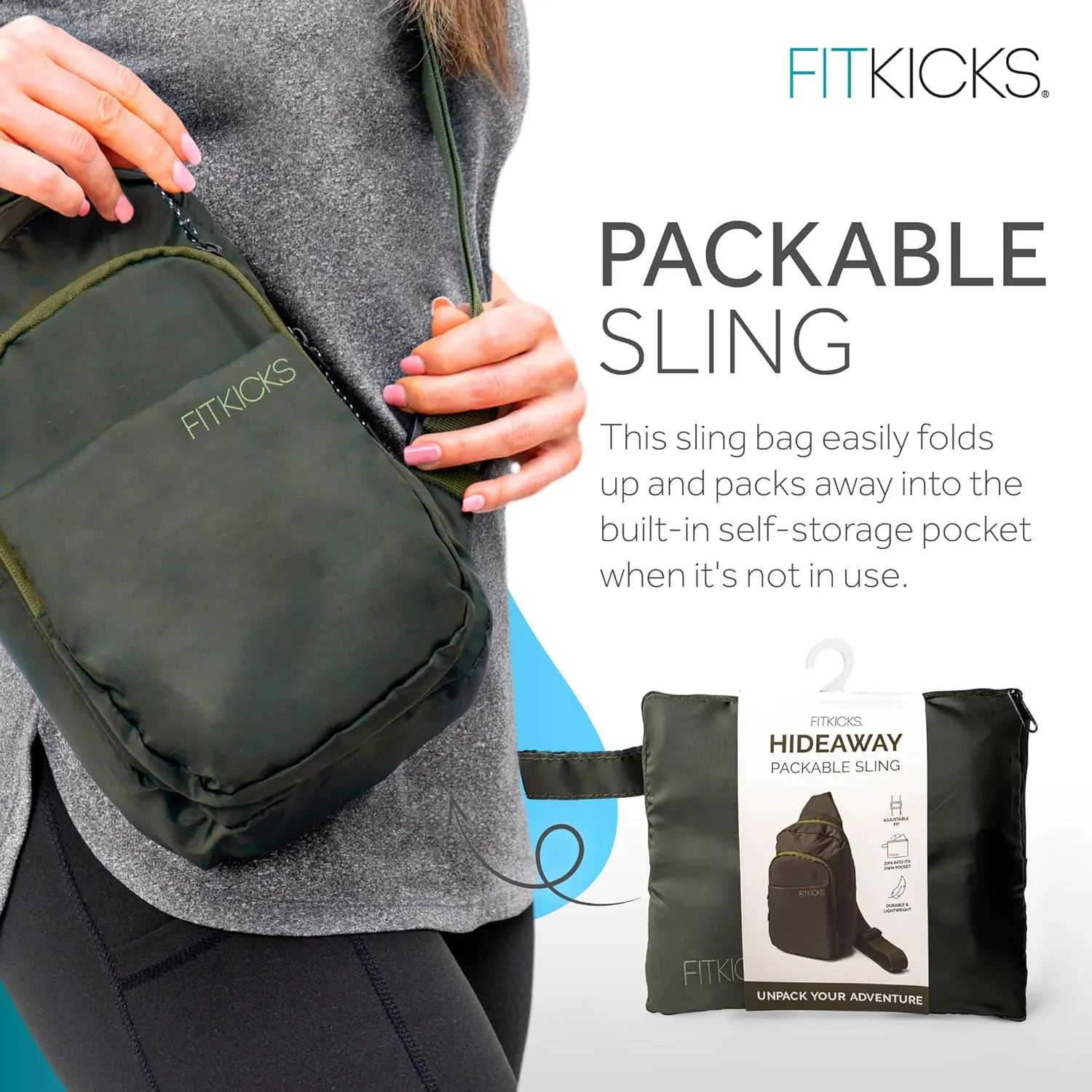 FITKICKS Hideaway Packable Sling Bag, Cross-body Bag for Men and Women, Green