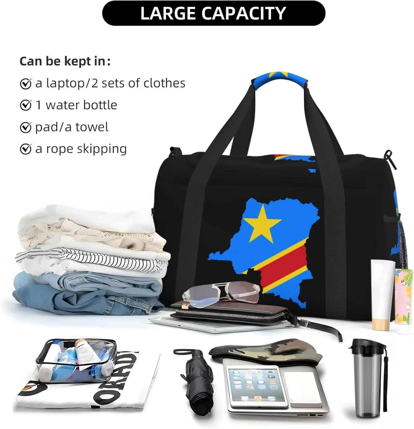 Flag Map Of Congo Travel Duffel Bag Large Foldable Waterproof Overnight Bag For Beach Swim Bags Pool Sports Gym