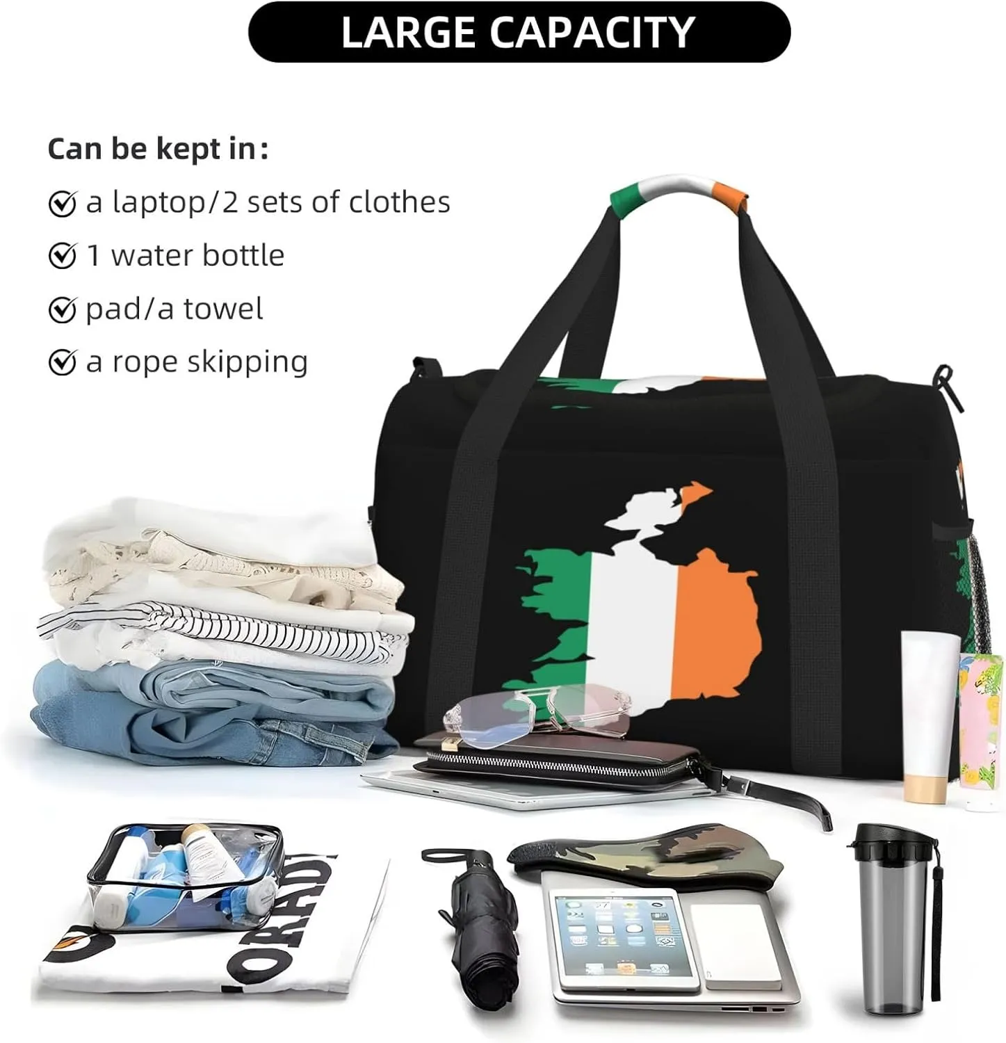 Flag Map Of Ireland Travel Duffel Bag Large Foldable Waterproof Overnight Bag For Beach Swim Bags Pool Sports Gym