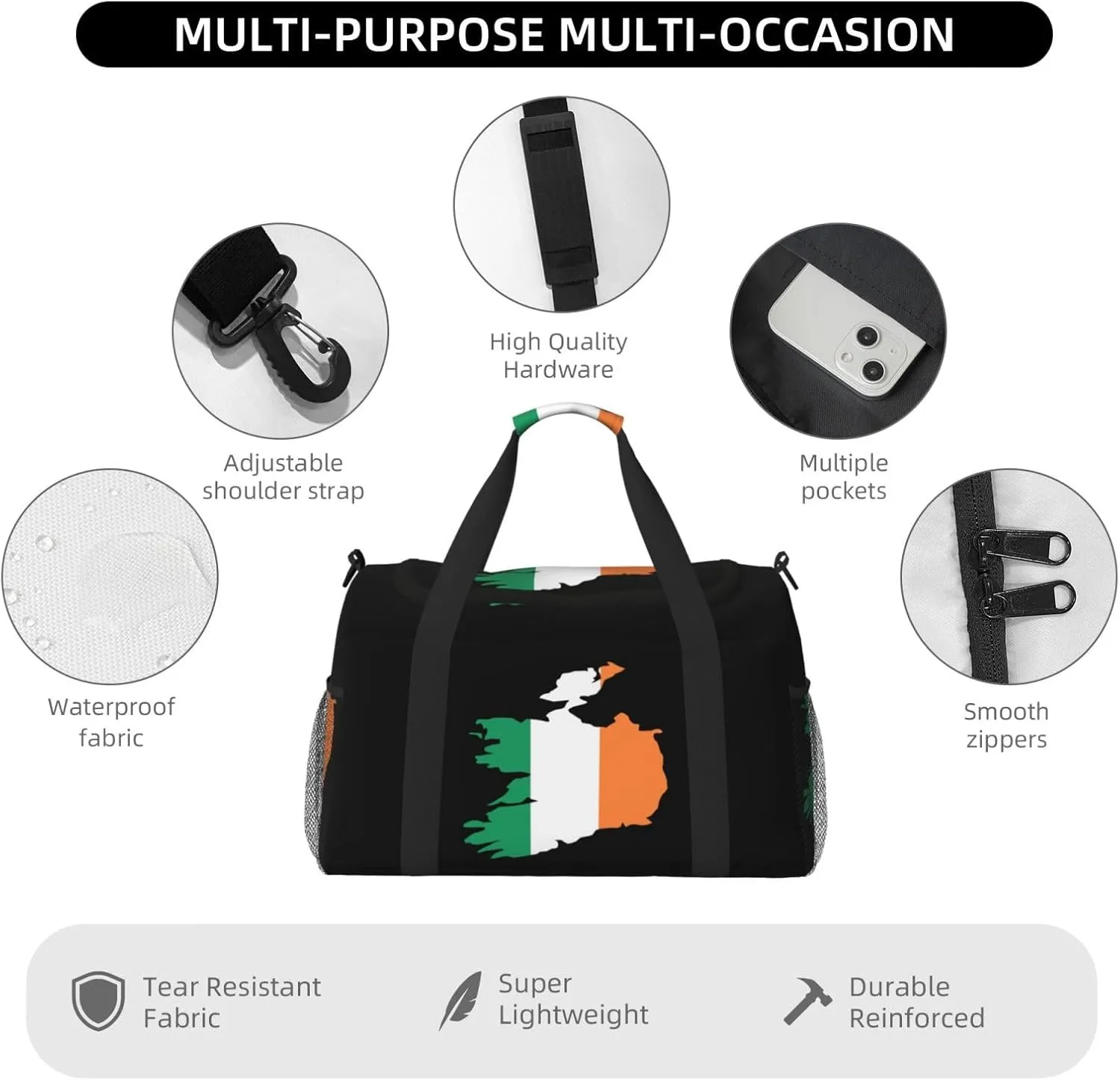 Flag Map Of Ireland Travel Duffel Bag Large Foldable Waterproof Overnight Bag For Beach Swim Bags Pool Sports Gym