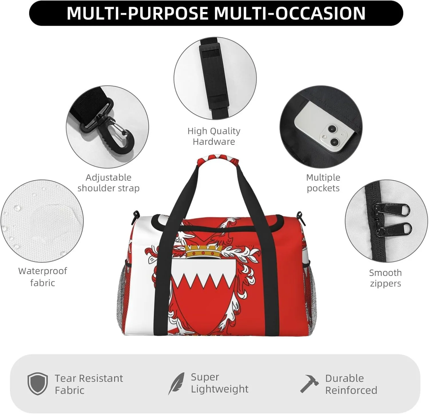 Flag Of Bahrain Travel Duffel Bag Large Foldable Waterproof Overnight Bag For Beach Swim Bags Pool Sports Gym