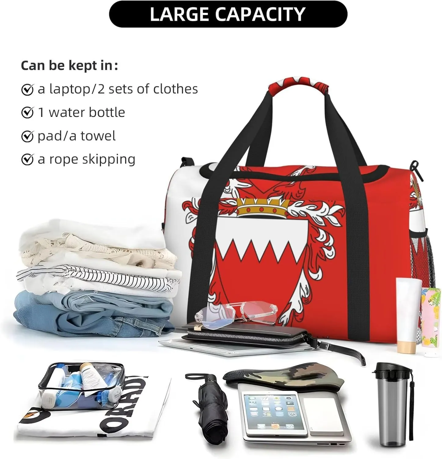 Flag Of Bahrain Travel Duffel Bag Large Foldable Waterproof Overnight Bag For Beach Swim Bags Pool Sports Gym