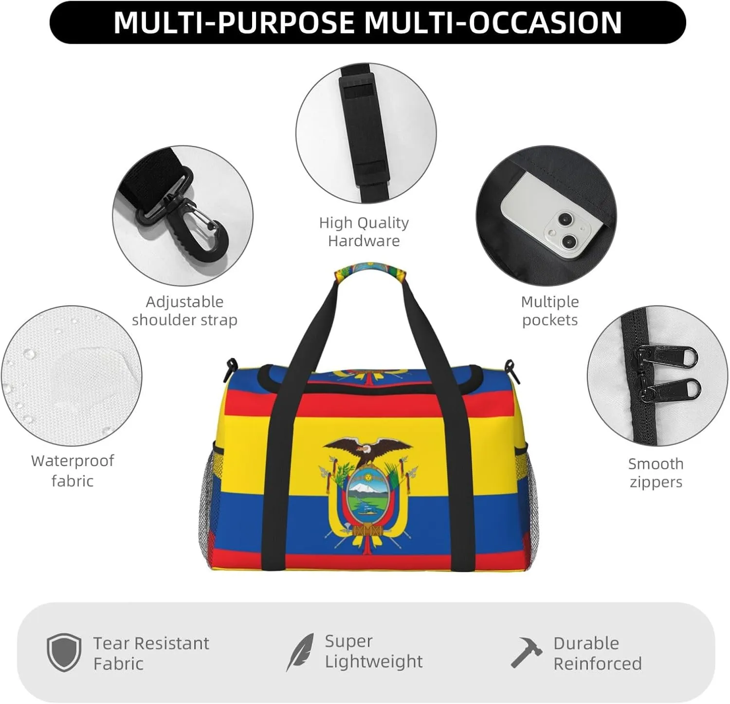 Flag Of Ecuador Travel Duffel Bag Large Foldable Waterproof Overnight Bag For Beach Swim Bags Pool Sports Gym