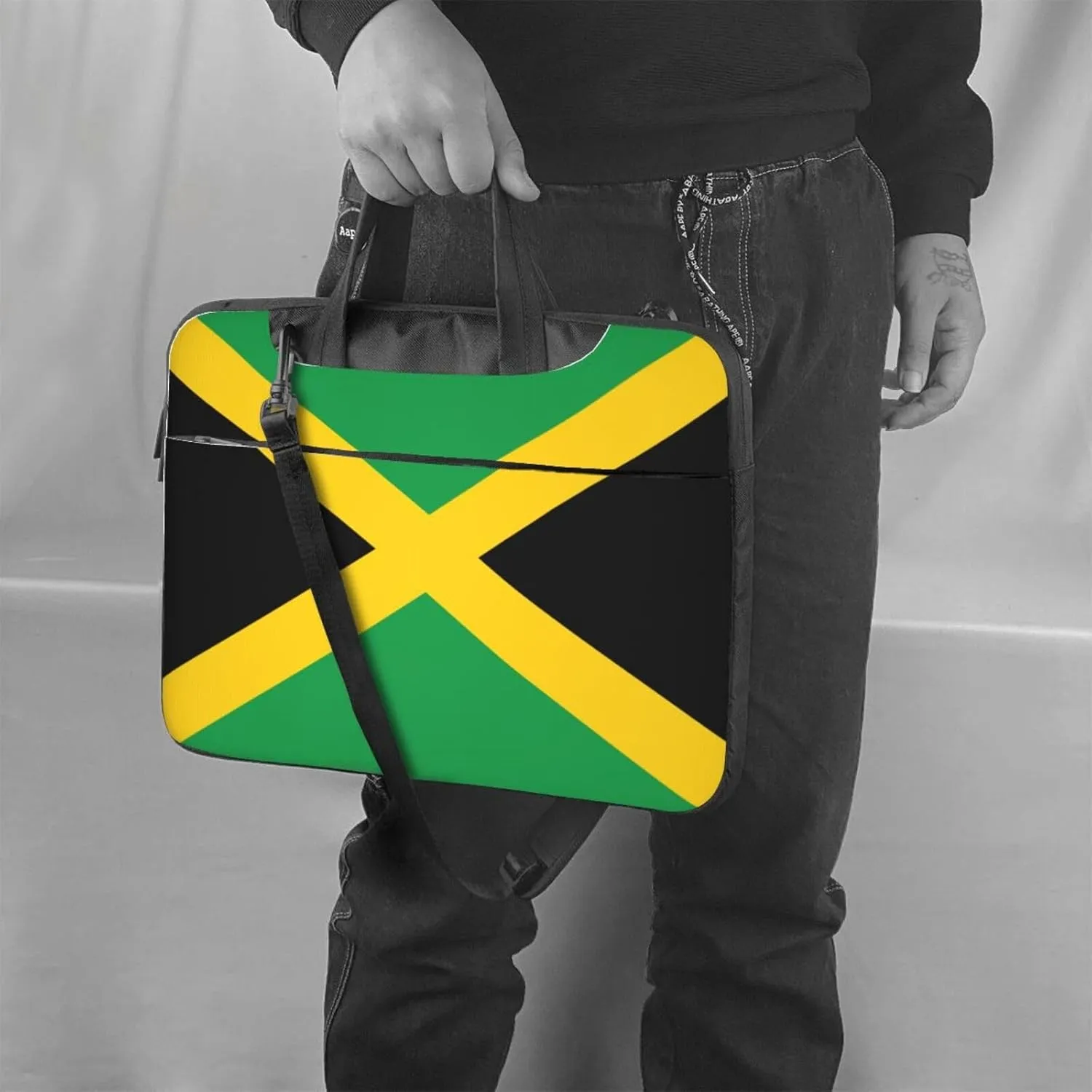 Flag Of Jamaica Print Laptop Adjustable Shoulder Strap With Handle Accessory Pocket For Men Women