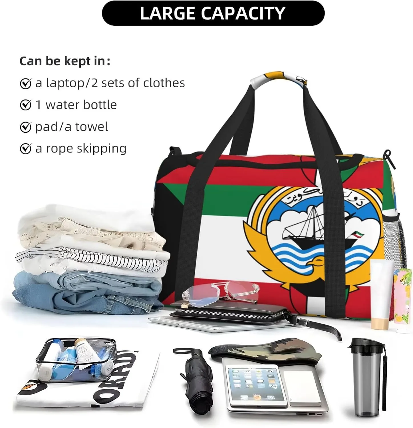 Flag Of Kuwait Travel Duffel Bag Large Foldable Waterproof Overnight Bag For Beach Swim Bags Pool Sports Gym