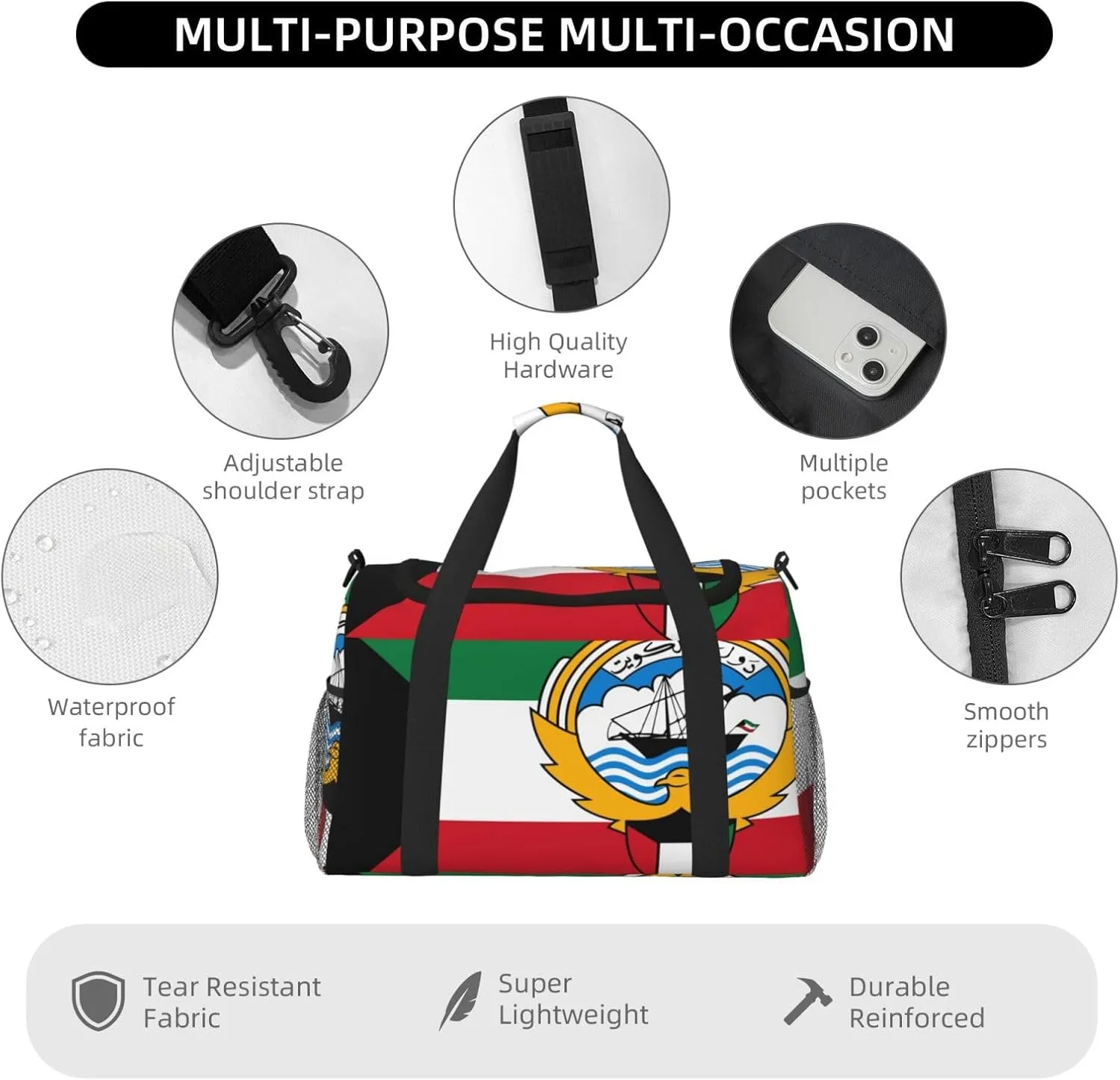 Flag Of Kuwait Travel Duffel Bag Large Foldable Waterproof Overnight Bag For Beach Swim Bags Pool Sports Gym