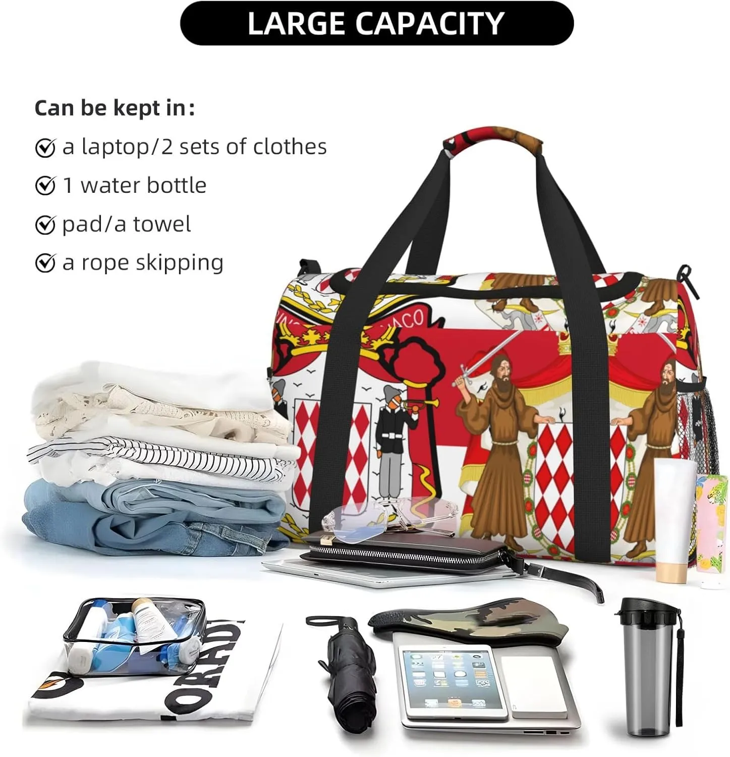 Flag Of Monaco Travel Duffel Bag Large Foldable Waterproof Overnight Bag For Beach Swim Bags Pool Sports Gym