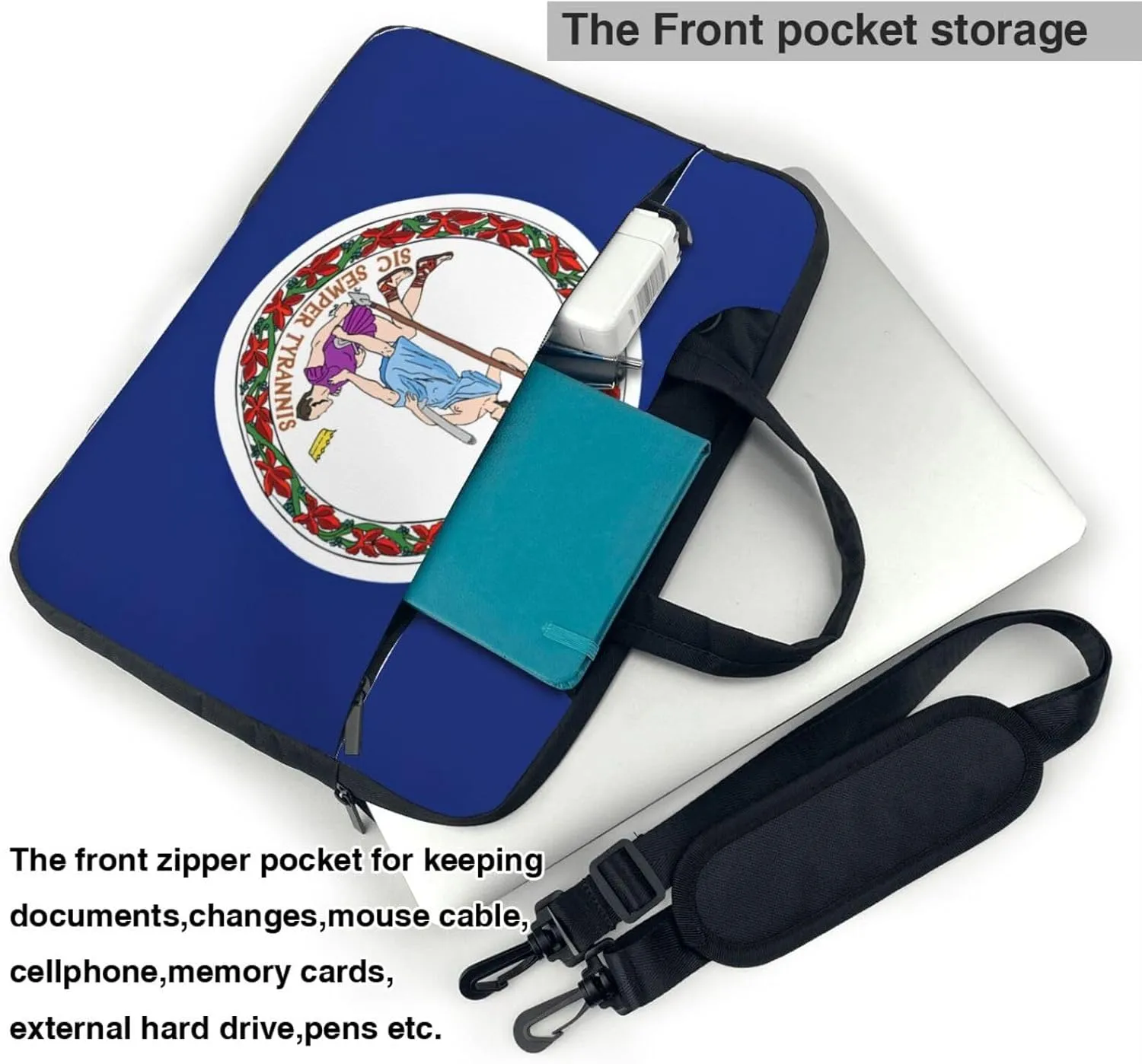 Flag Of Virginia Print Laptop Adjustable Shoulder Strap With Handle Accessory Pocket For Men Women
