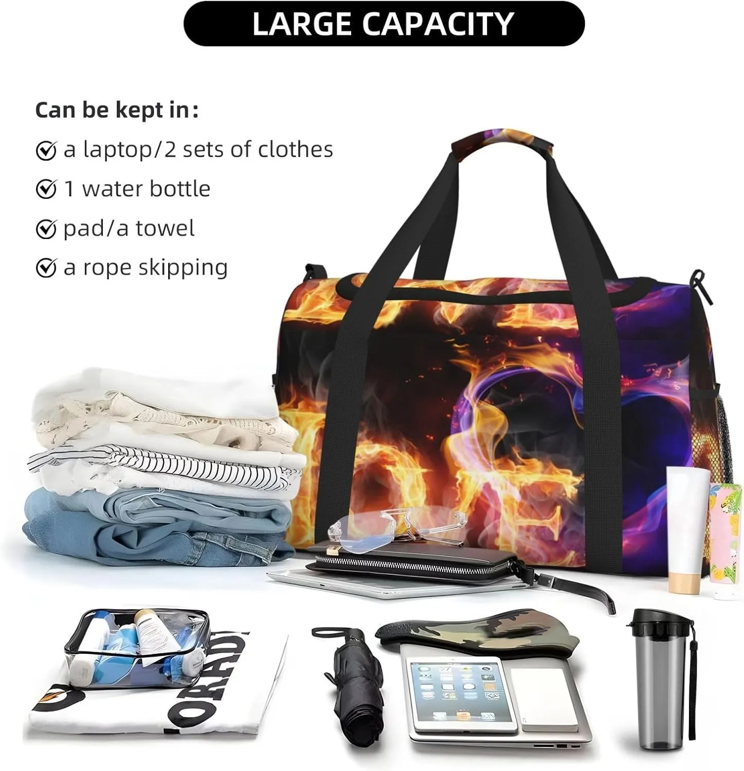 Flame Love Travel Duffel Bag Large Foldable Waterproof Overnight Bag For Beach Swim Bags Pool Sports Gym