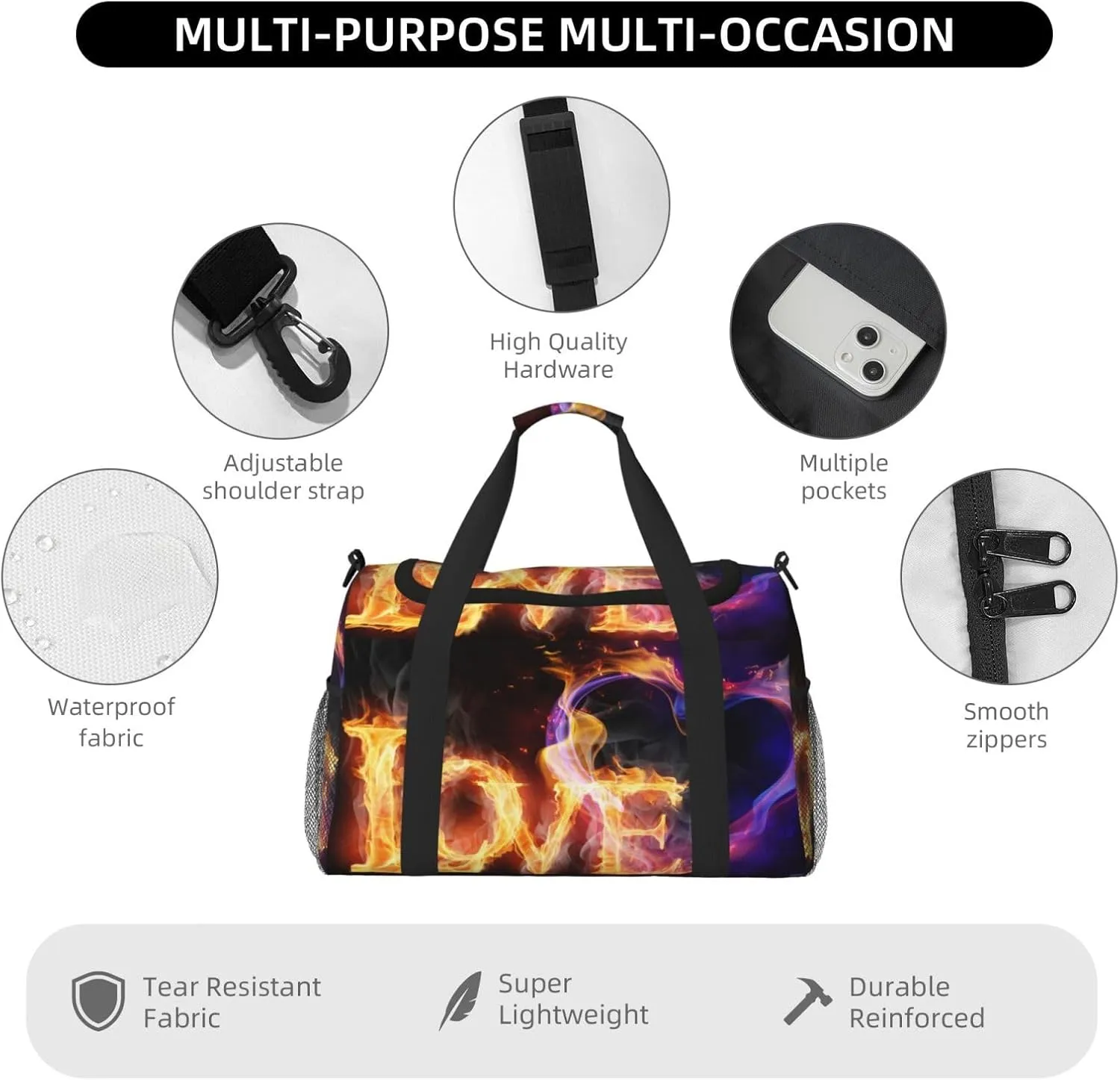 Flame Love Travel Duffel Bag Large Foldable Waterproof Overnight Bag For Beach Swim Bags Pool Sports Gym