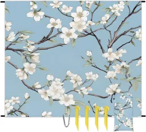 Floral Cherry Blossoms Beach Blanket, Sandproof Beach Mat, 68 x 59 Waterproof Quick Drying Sand Free Mat with 4 x Ground Spikes for Outdoor Travel Camping Hiking, Vintage