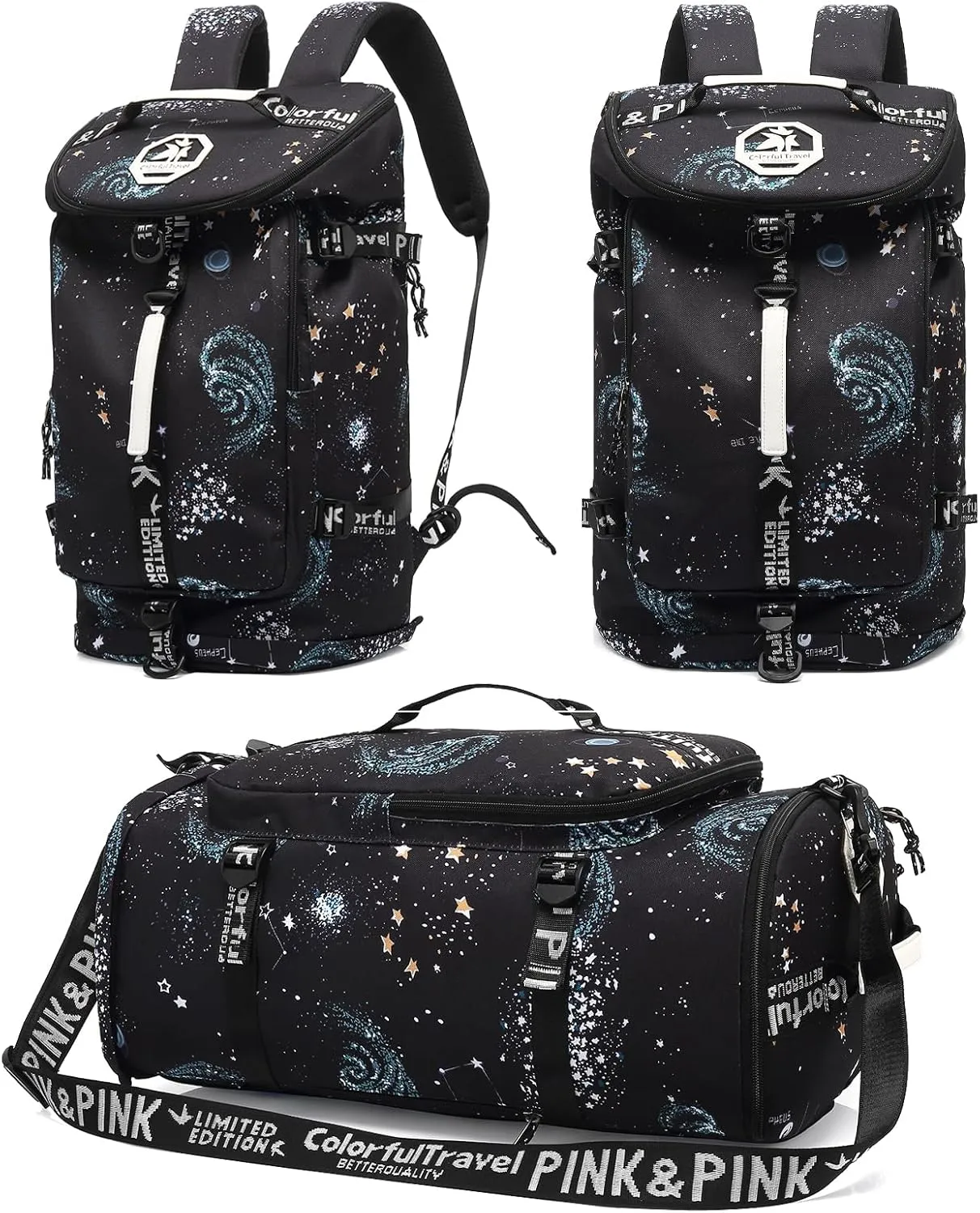 Floral gym duffel bag backpack, fashion wrestling bag,with shoe compartment, 4 kinds of back method waterproof travel sports walking laptop Lightweight（A-Starry Sky）