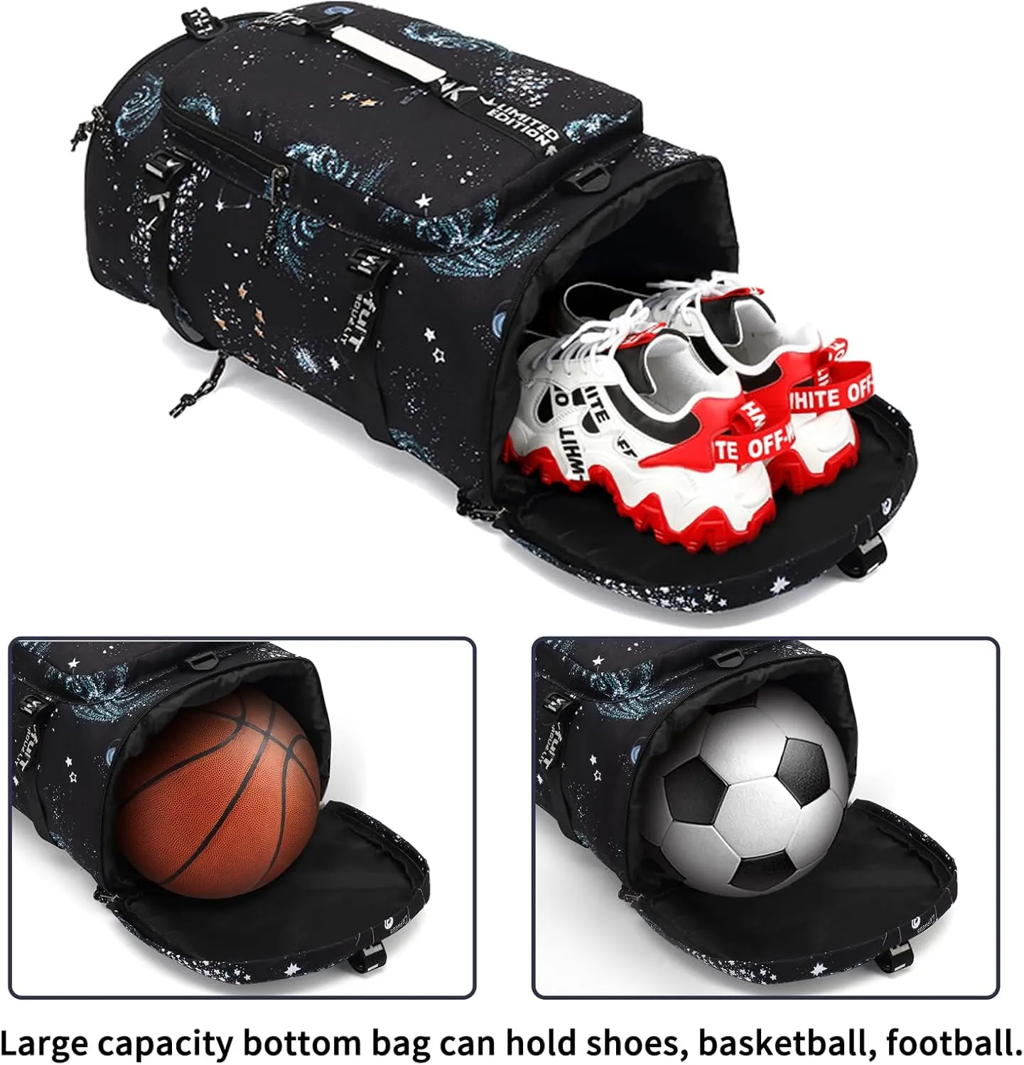 Floral gym duffel bag backpack, fashion wrestling bag,with shoe compartment, 4 kinds of back method waterproof travel sports walking laptop Lightweight（A-Starry Sky）