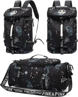 Floral gym duffel bag backpack, fashion wrestling bag,with shoe compartment, 4 kinds of back method waterproof travel sports walking laptop Lightweight（A-Starry Sky）