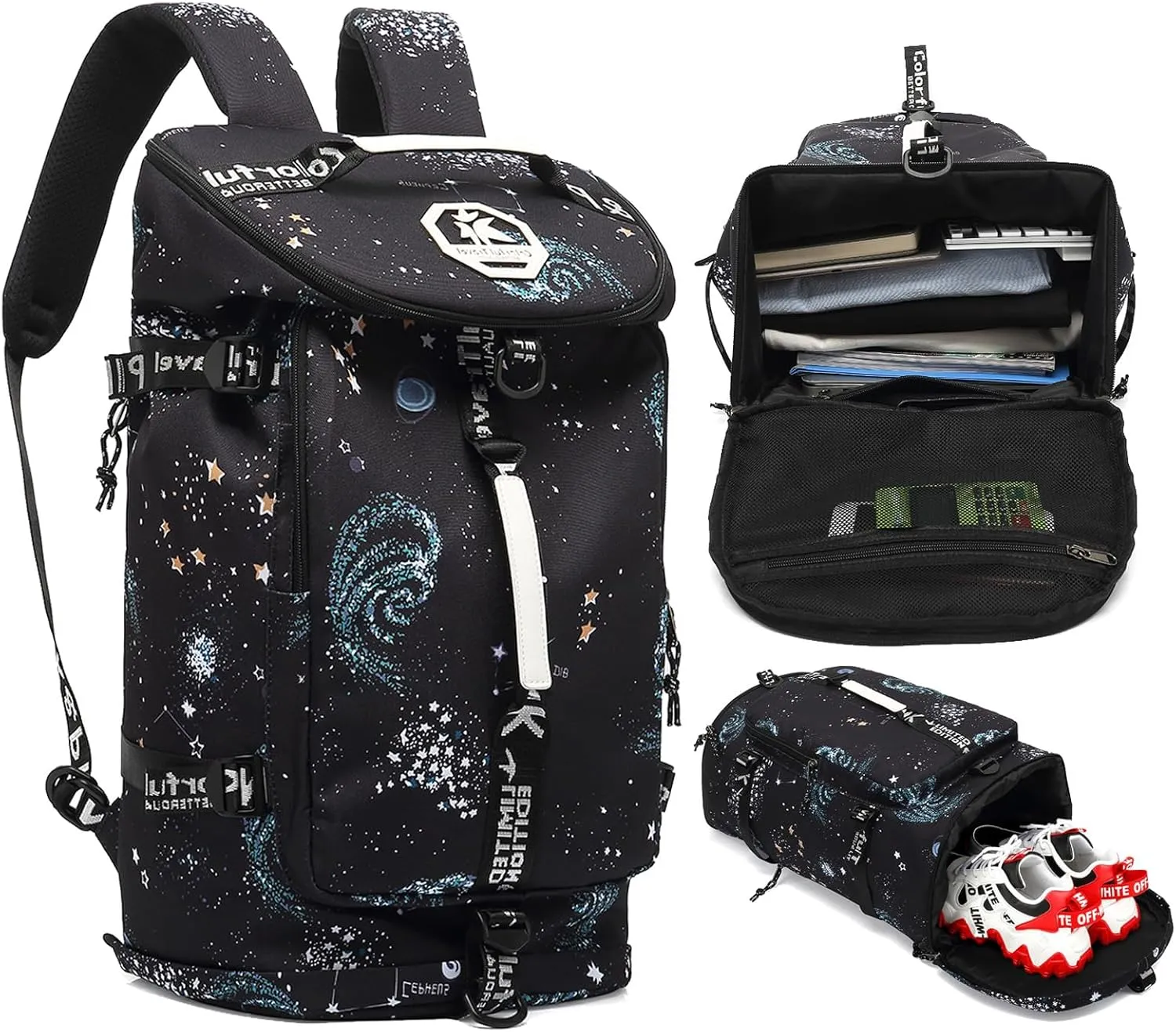 Floral gym duffel bag backpack, fashion wrestling bag,with shoe compartment, 4 kinds of back method waterproof travel sports walking laptop Lightweight（A-Starry Sky）