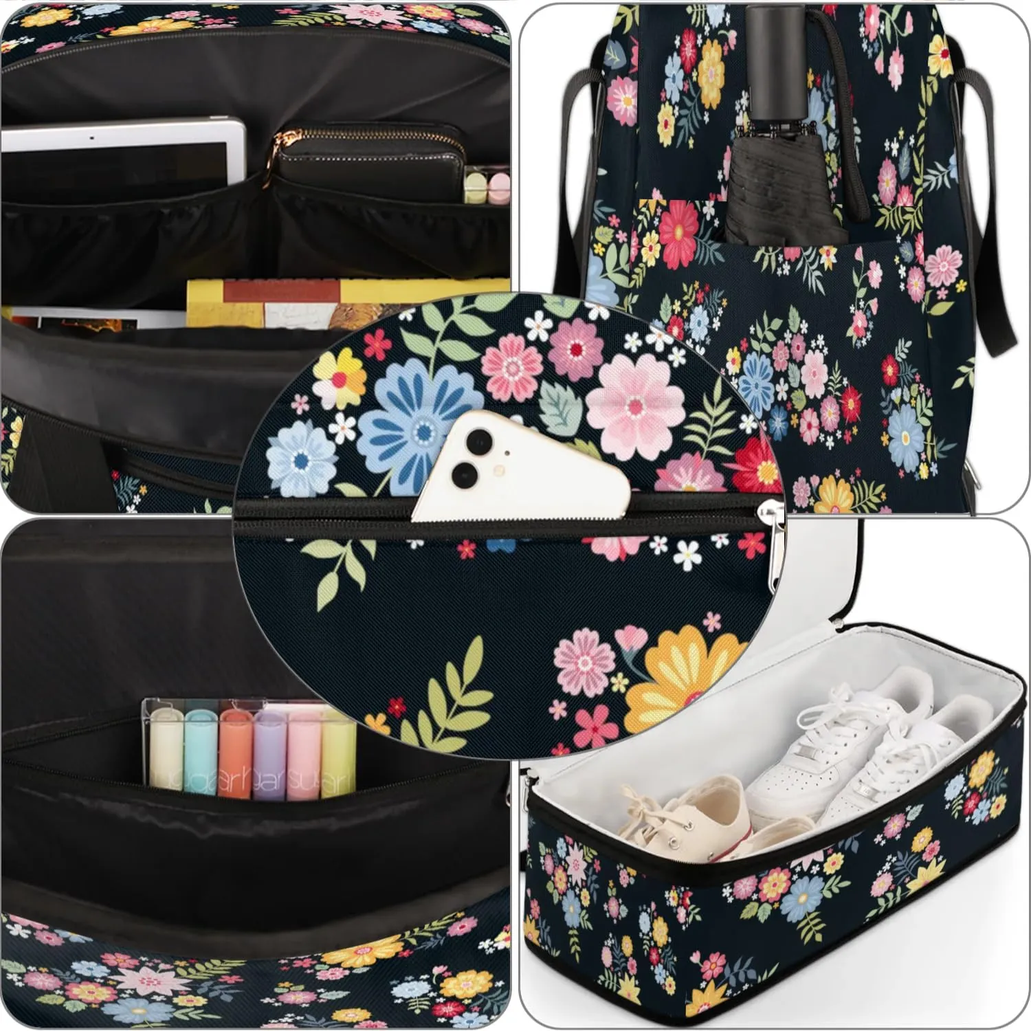 Floral Pretty Petals Sports Gym Bag with Shoes Compartment Foldable Travel Duffel Bag Dry Wet Separated Sports Tote Workout Weekender Overnight Bag for Women Yoga Dance Work Training Handbag