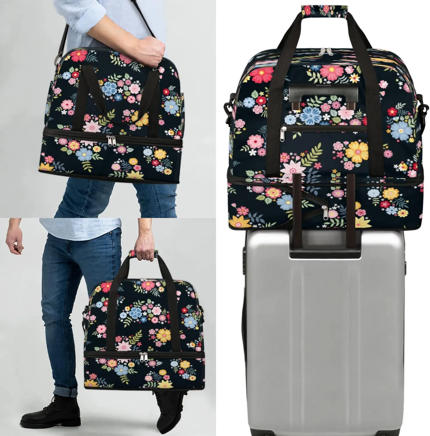 Floral Pretty Petals Sports Gym Bag with Shoes Compartment Foldable Travel Duffel Bag Dry Wet Separated Sports Tote Workout Weekender Overnight Bag for Women Yoga Dance Work Training Handbag