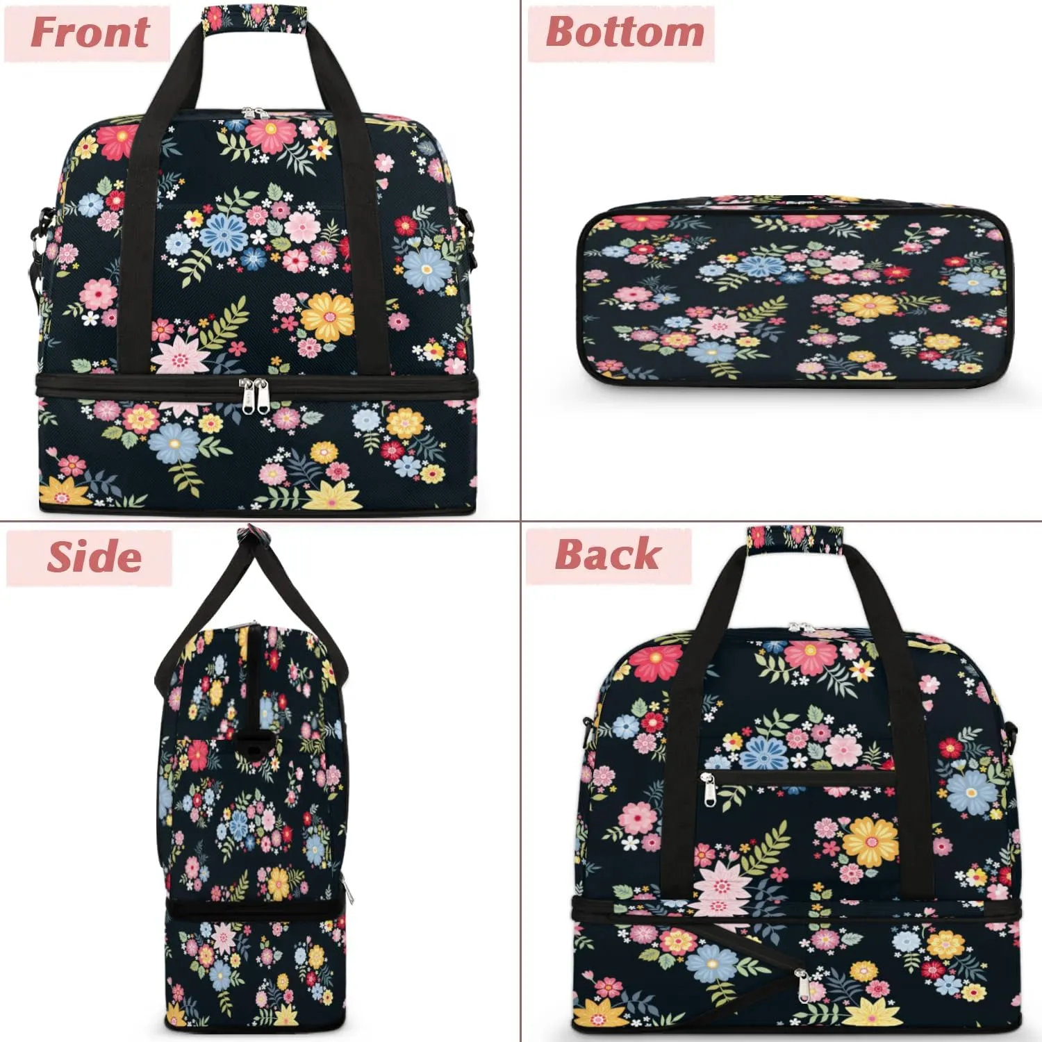 Floral Pretty Petals Sports Gym Bag with Shoes Compartment Foldable Travel Duffel Bag Dry Wet Separated Sports Tote Workout Weekender Overnight Bag for Women Yoga Dance Work Training Handbag