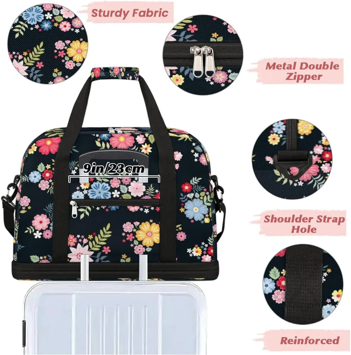 Floral Pretty Petals Sports Gym Bag with Shoes Compartment Foldable Travel Duffel Bag Dry Wet Separated Sports Tote Workout Weekender Overnight Bag for Women Yoga Dance Work Training Handbag