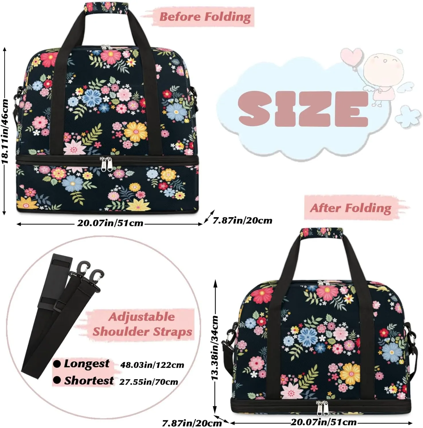 Floral Pretty Petals Sports Gym Bag with Shoes Compartment Foldable Travel Duffel Bag Dry Wet Separated Sports Tote Workout Weekender Overnight Bag for Women Yoga Dance Work Training Handbag