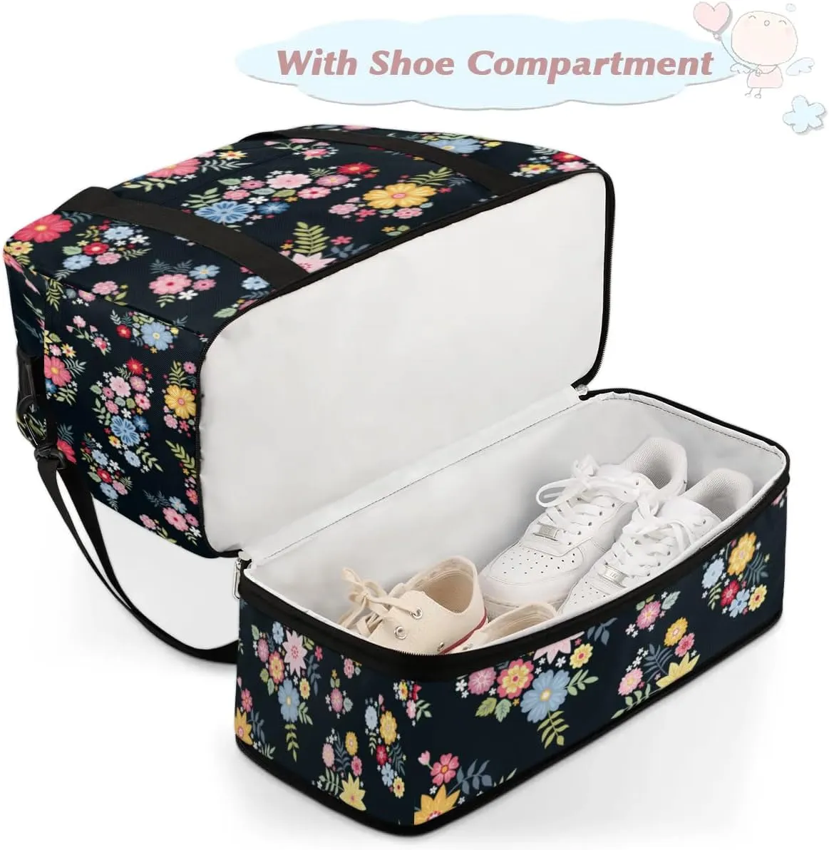 Floral Pretty Petals Sports Gym Bag with Shoes Compartment Foldable Travel Duffel Bag Dry Wet Separated Sports Tote Workout Weekender Overnight Bag for Women Yoga Dance Work Training Handbag